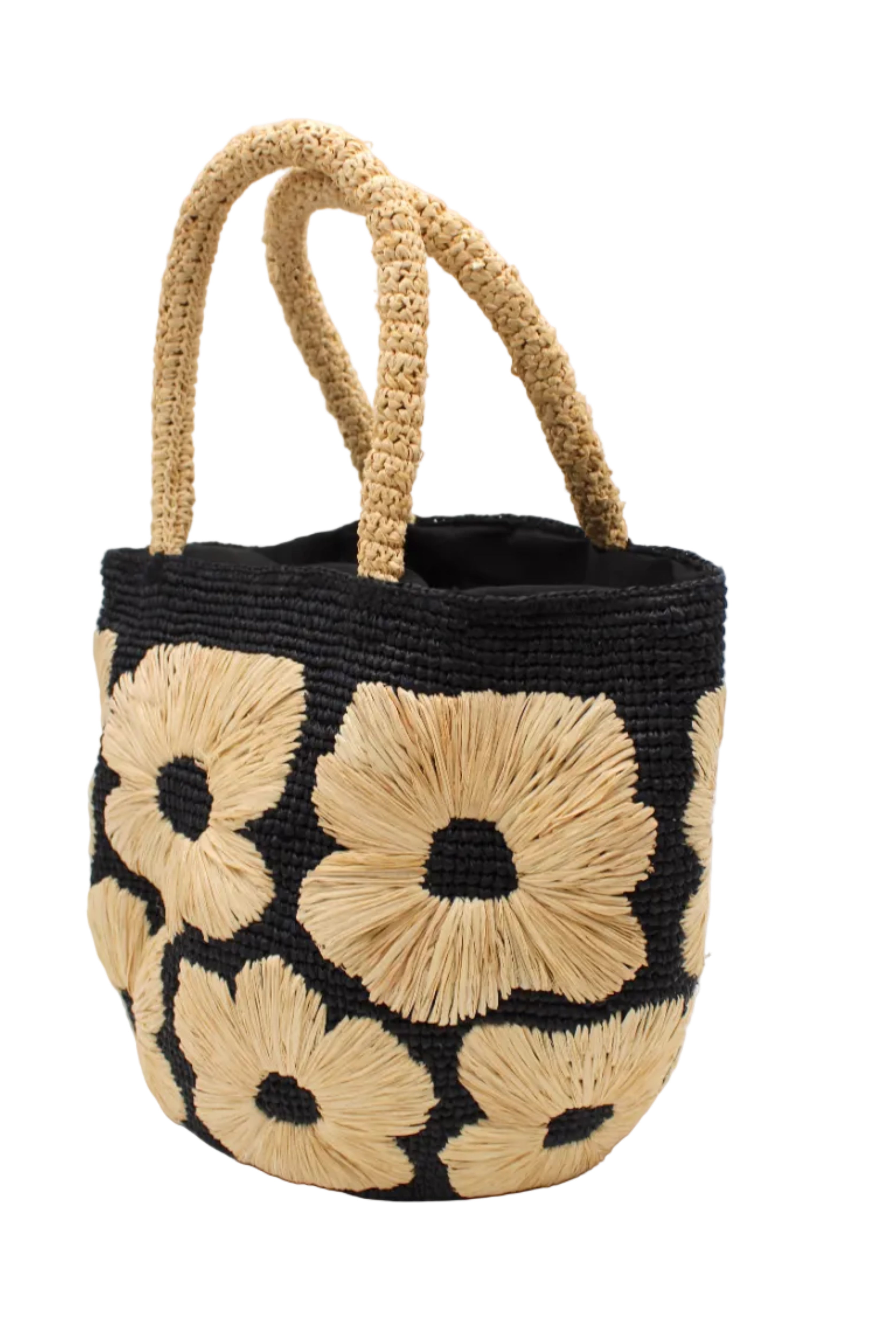 Side view Eva Embroidered Flower Crochet Straw Basket Handbag two tone handmade crochet raffia palm in a solid hue of black with natural straw color embroidered floral pattern and matching natural crochet handles beach bag tote purse - Shebobo