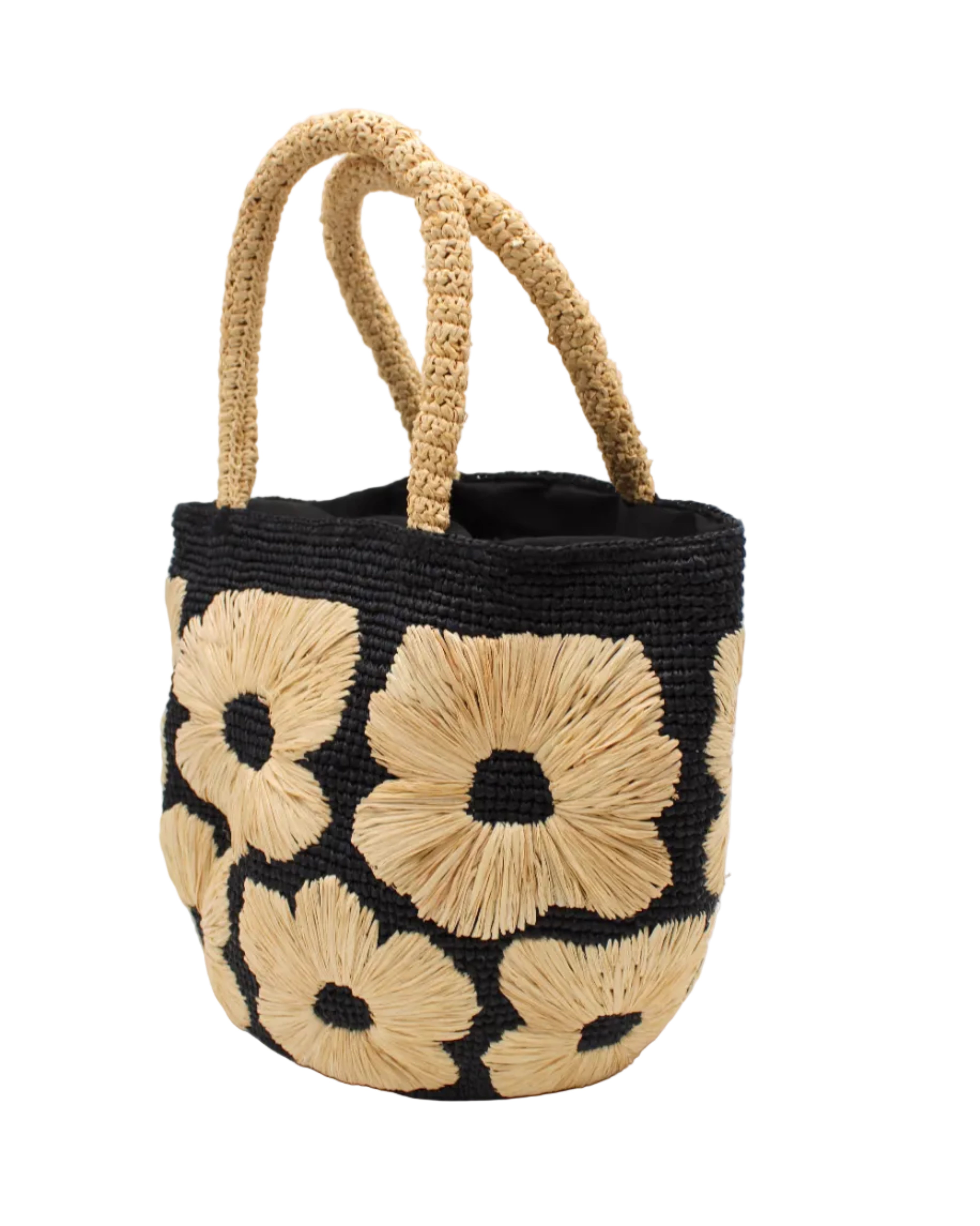 Side view Eva Embroidered Flower Crochet Straw Basket Handbag two tone handmade crochet raffia palm in a solid hue of black with natural straw color embroidered floral pattern and matching natural crochet handles beach bag tote purse - Shebobo