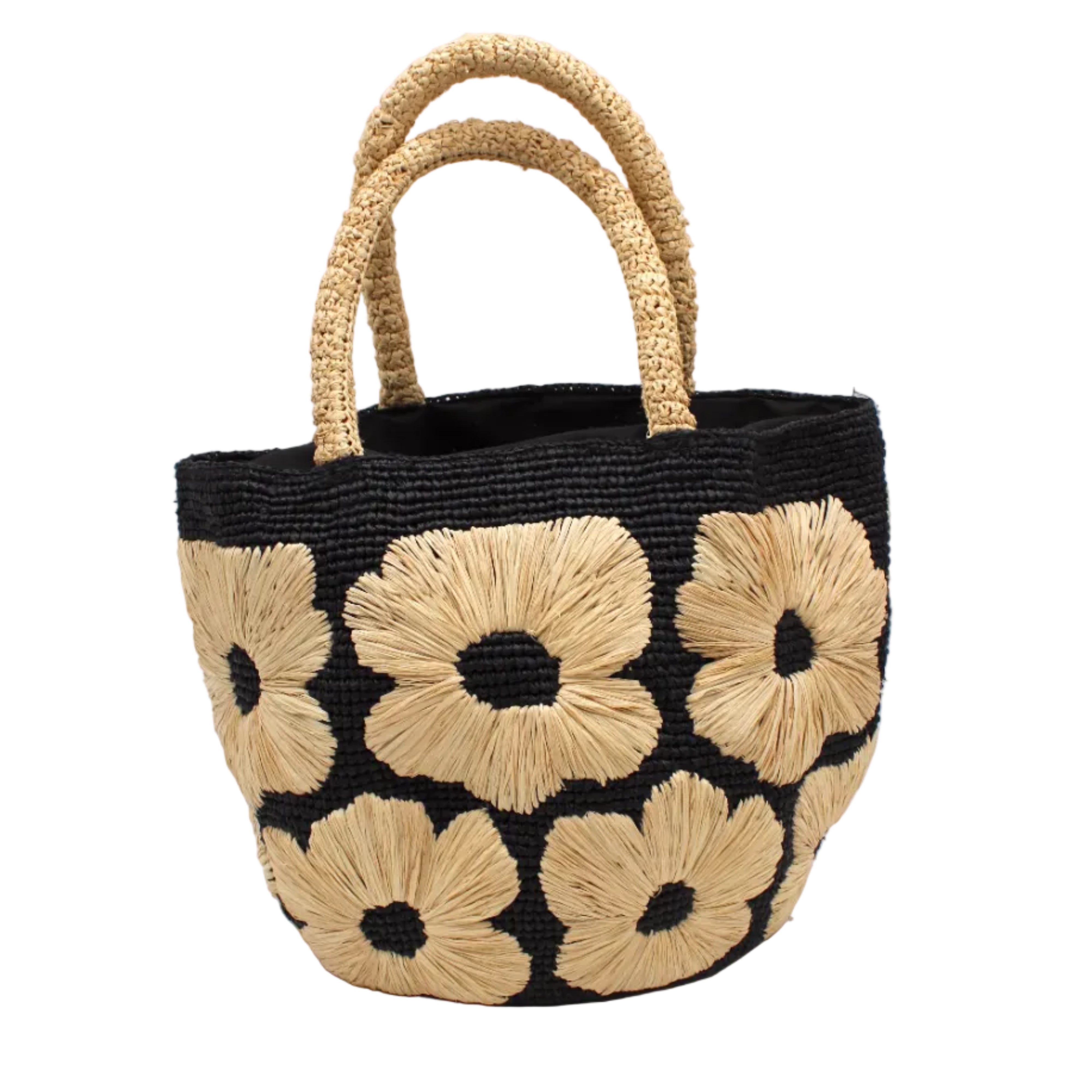 Eva Embroidered Flower Crochet Straw Basket Handbag two tone handmade crochet raffia palm in a solid hue of black with natural straw color embroidered floral pattern and matching natural crochet handles beach bag tote purse - Shebobo