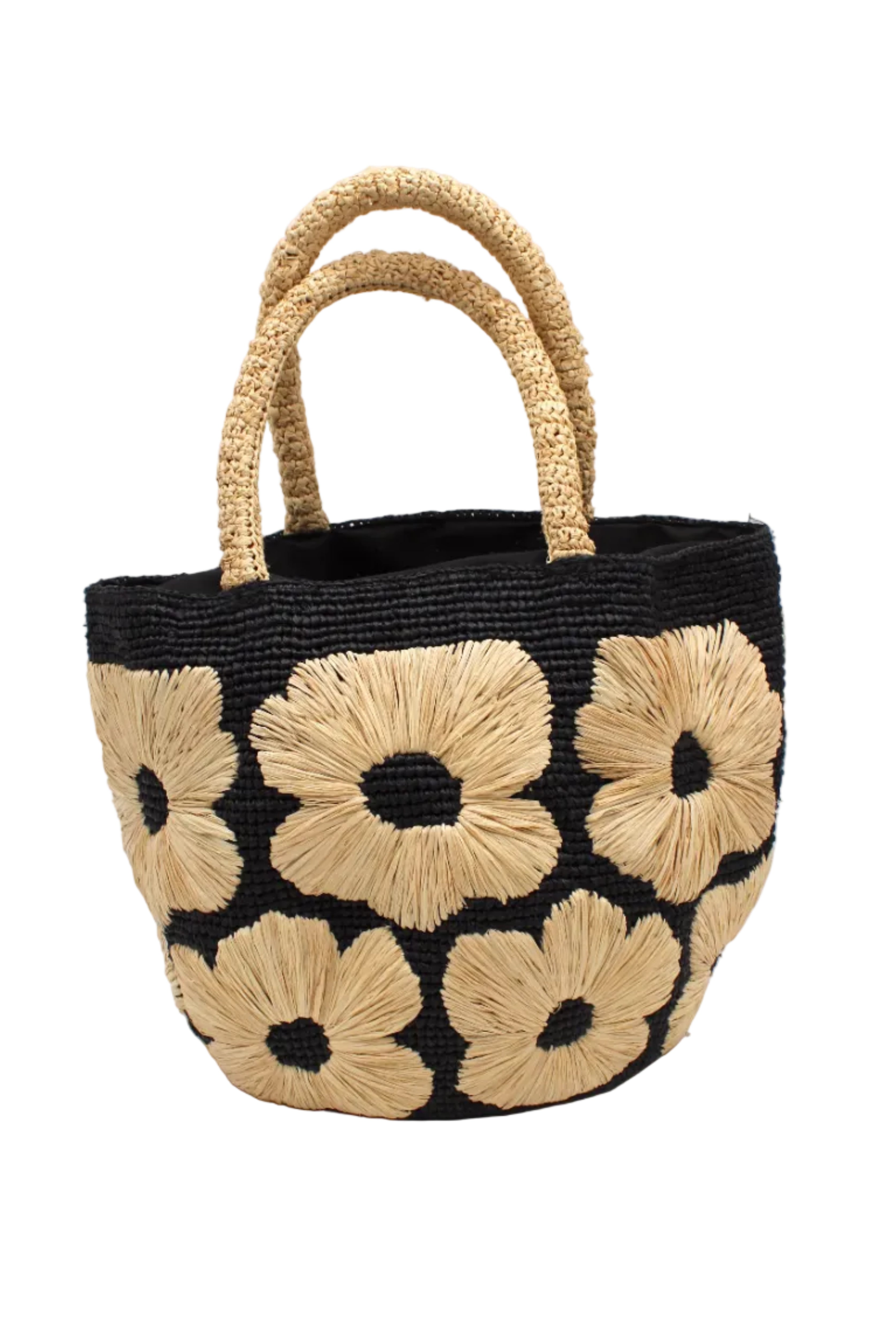 Eva Embroidered Flower Crochet Straw Basket Handbag two tone handmade crochet raffia palm in a solid hue of black with natural straw color embroidered floral pattern and matching natural crochet handles beach bag tote purse - Shebobo