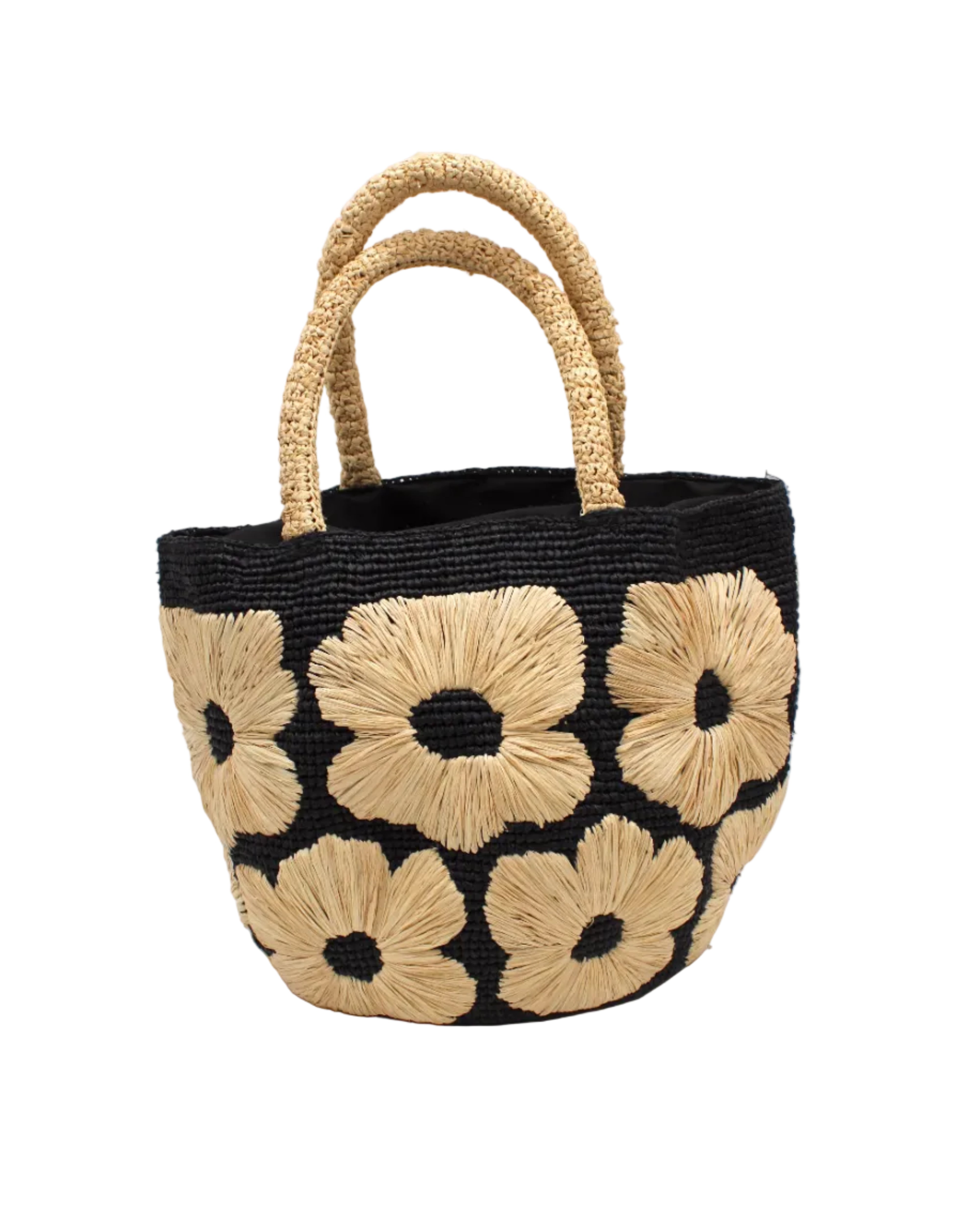 Eva Embroidered Flower Crochet Straw Basket Handbag two tone handmade crochet raffia palm in a solid hue of black with natural straw color embroidered floral pattern and matching natural crochet handles beach bag tote purse - Shebobo