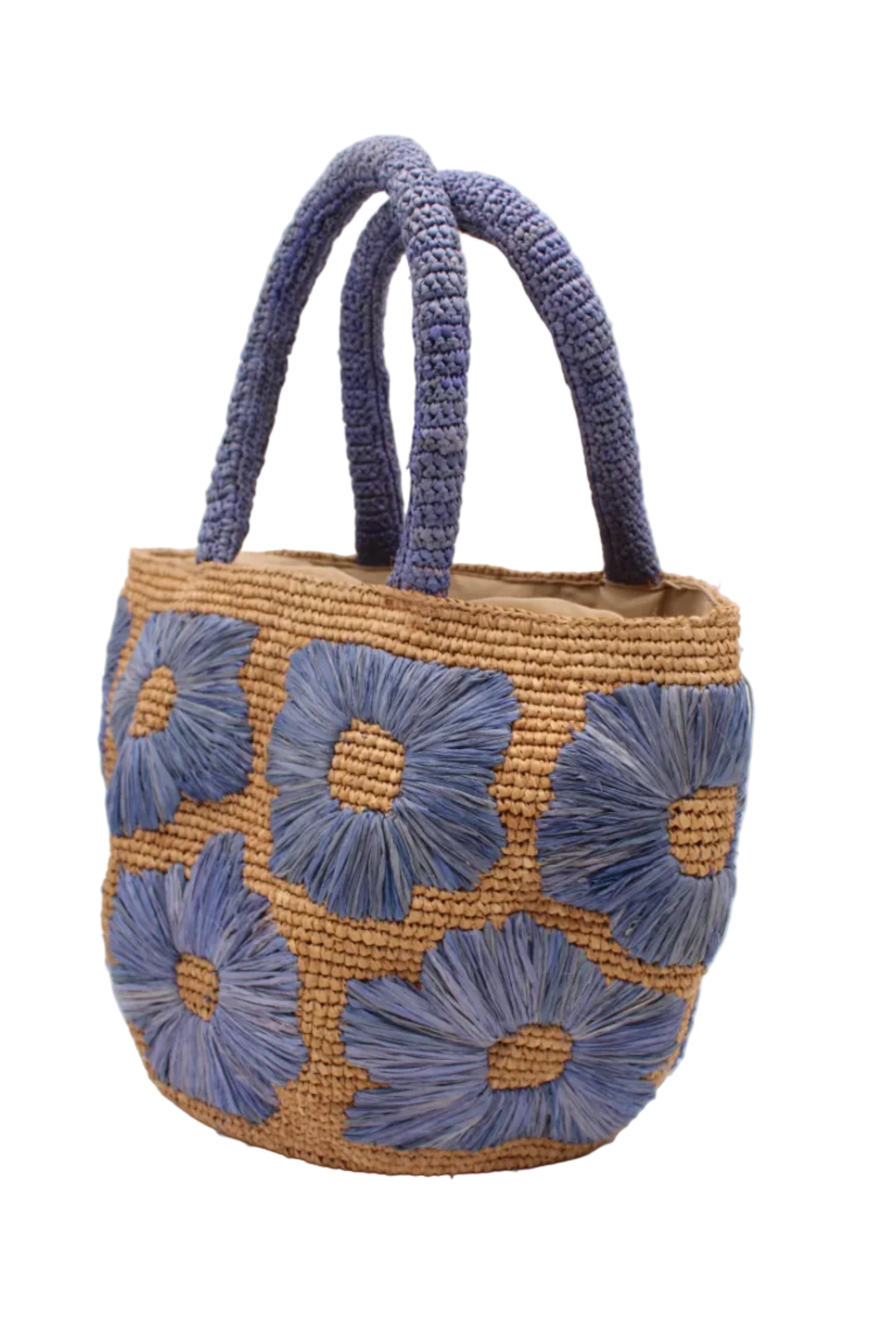 Side view Eva Embroidered Flower Crochet Straw Basket Handbag two tone handmade crochet raffia palm in a solid hue of cappuccino tea/light/brown with denim light/retro/blue straw color embroidered floral pattern and matching denim crochet handles beach bag tote purse - Shebobo
