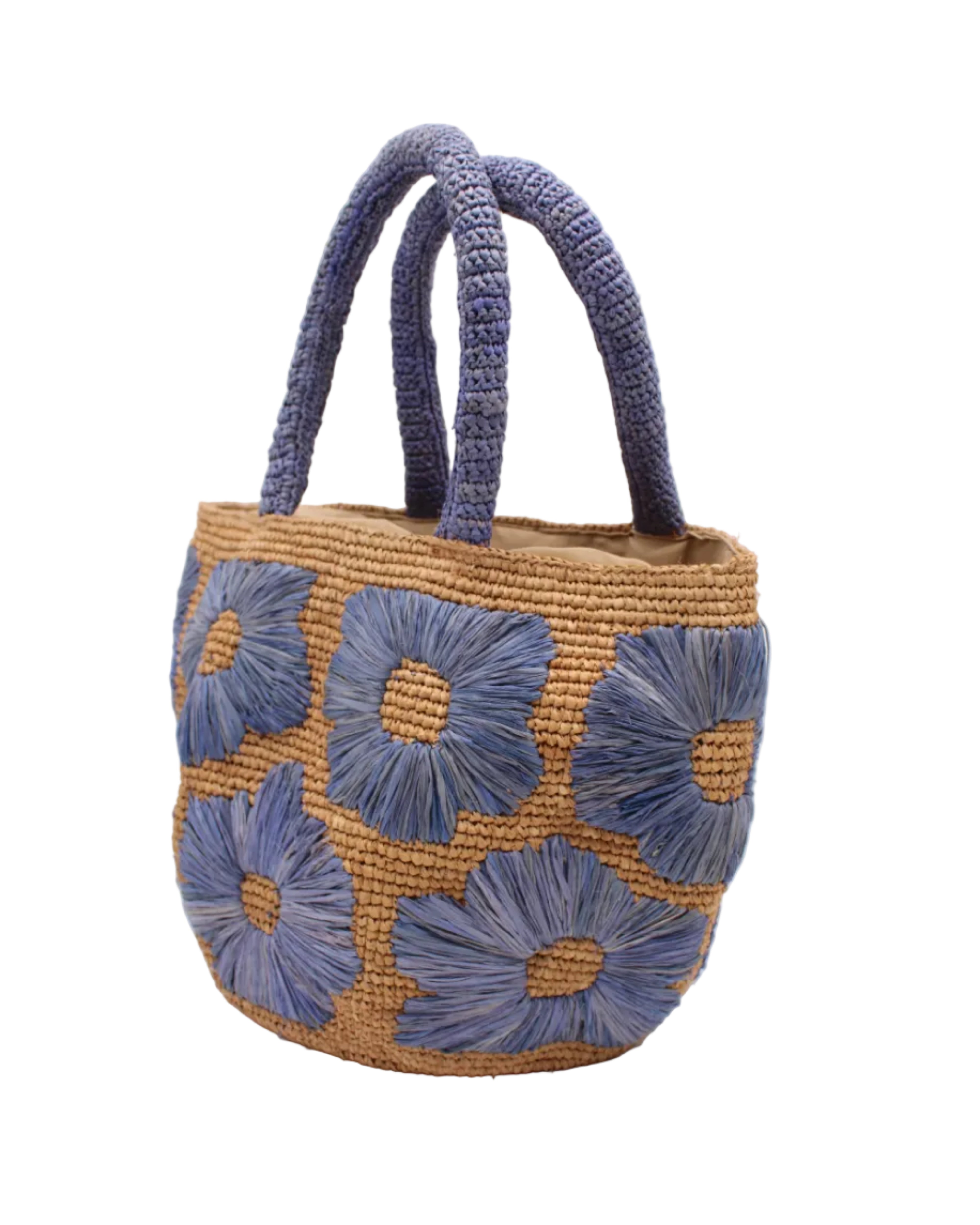 Side view Eva Embroidered Flower Crochet Straw Basket Handbag two tone handmade crochet raffia palm in a solid hue of cappuccino tea/light/brown with denim light/retro/blue straw color embroidered floral pattern and matching denim crochet handles beach bag tote purse - Shebobo