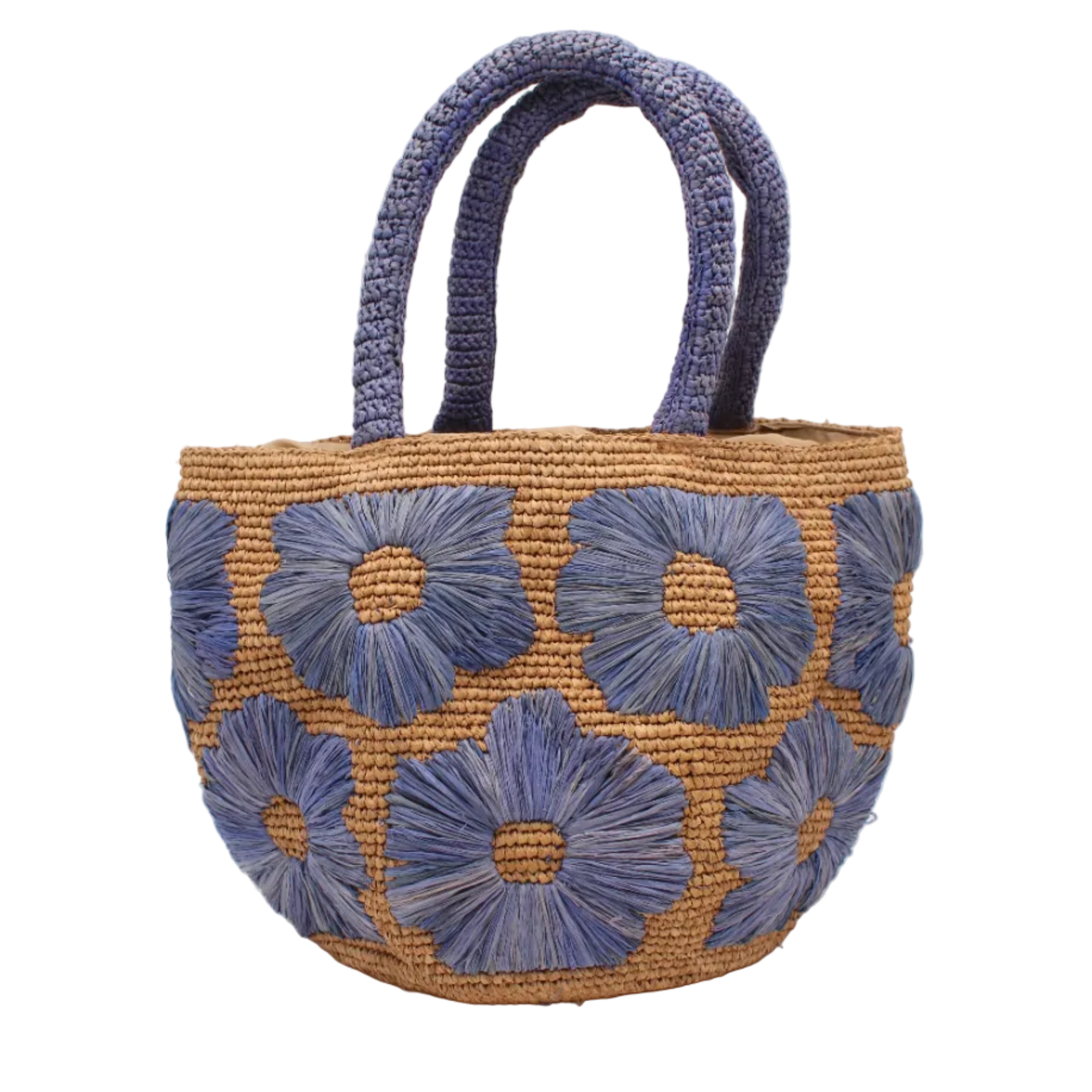Eva Embroidered Flower Crochet Straw Basket Handbag two tone handmade crochet raffia palm in a solid hue of cappuccino tea/light/brown with denim light/retro/blue straw color embroidered floral pattern and matching denim crochet handles beach bag tote purse - Shebobo