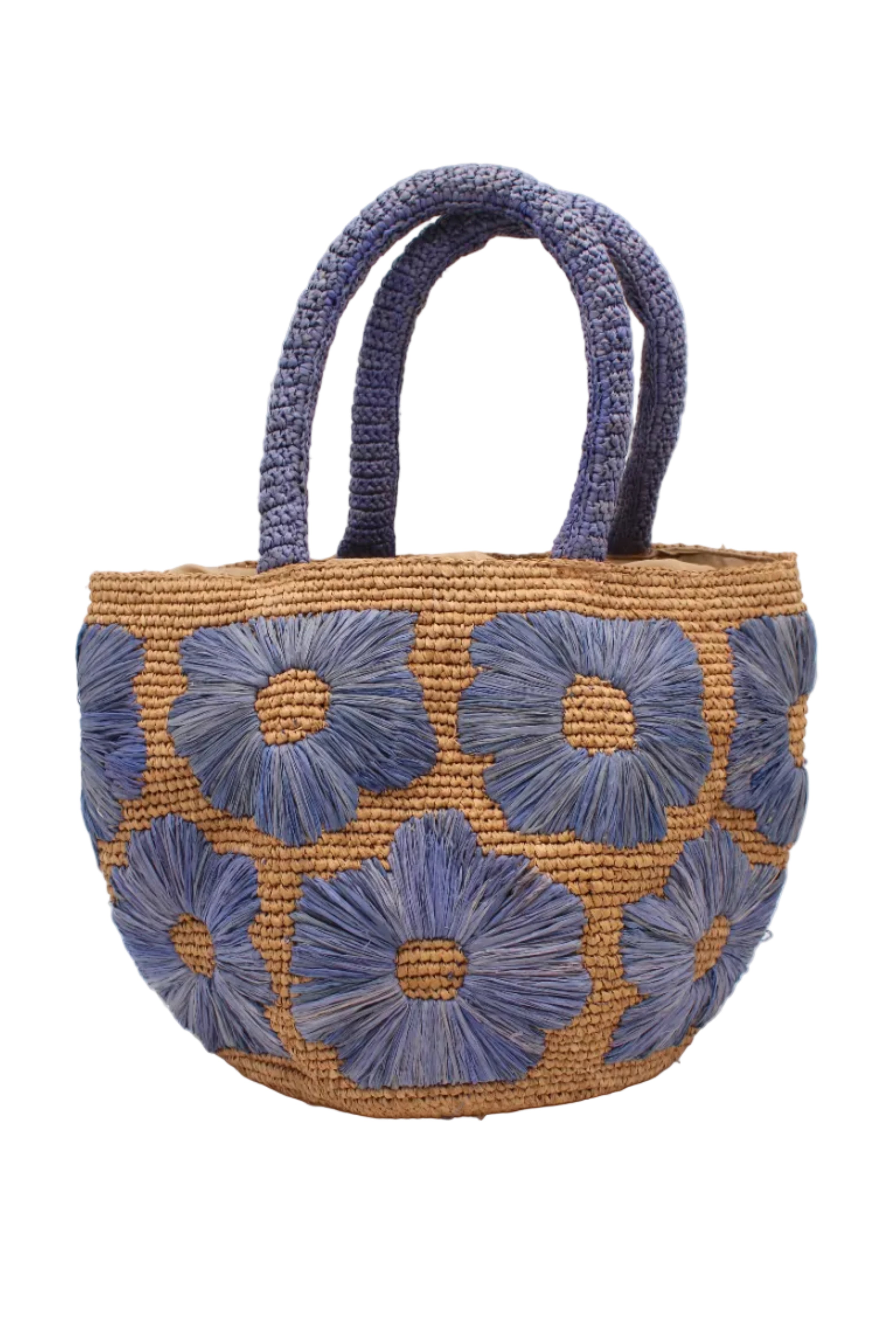 Eva Embroidered Flower Crochet Straw Basket Handbag two tone handmade crochet raffia palm in a solid hue of cappuccino tea/light/brown with denim light/retro/blue straw color embroidered floral pattern and matching denim crochet handles beach bag tote purse - Shebobo