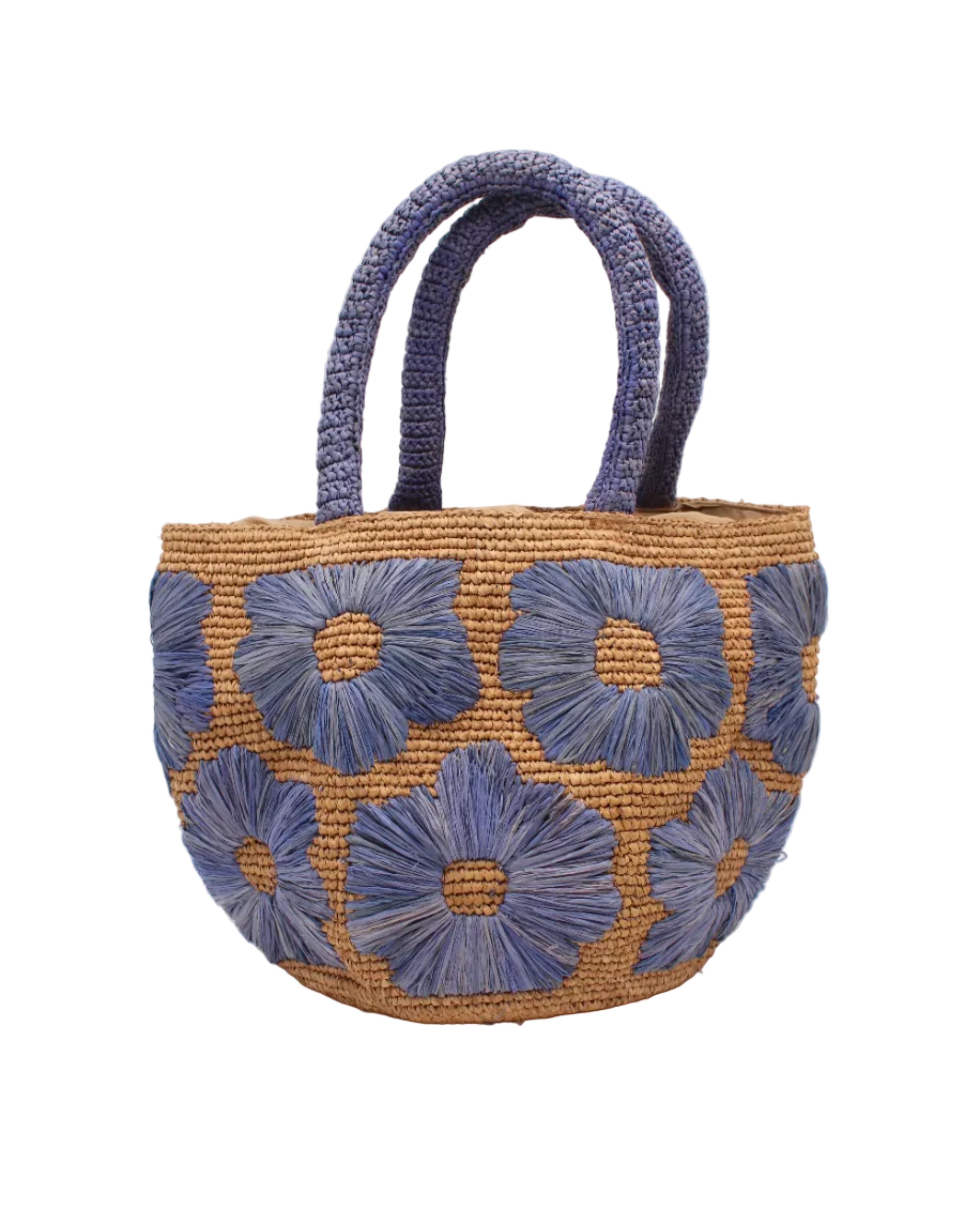 Eva Embroidered Flower Crochet Straw Basket Handbag two tone handmade crochet raffia palm in a solid hue of cappuccino tea/light/brown with denim light/retro/blue straw color embroidered floral pattern and matching denim crochet handles beach bag tote purse - Shebobo