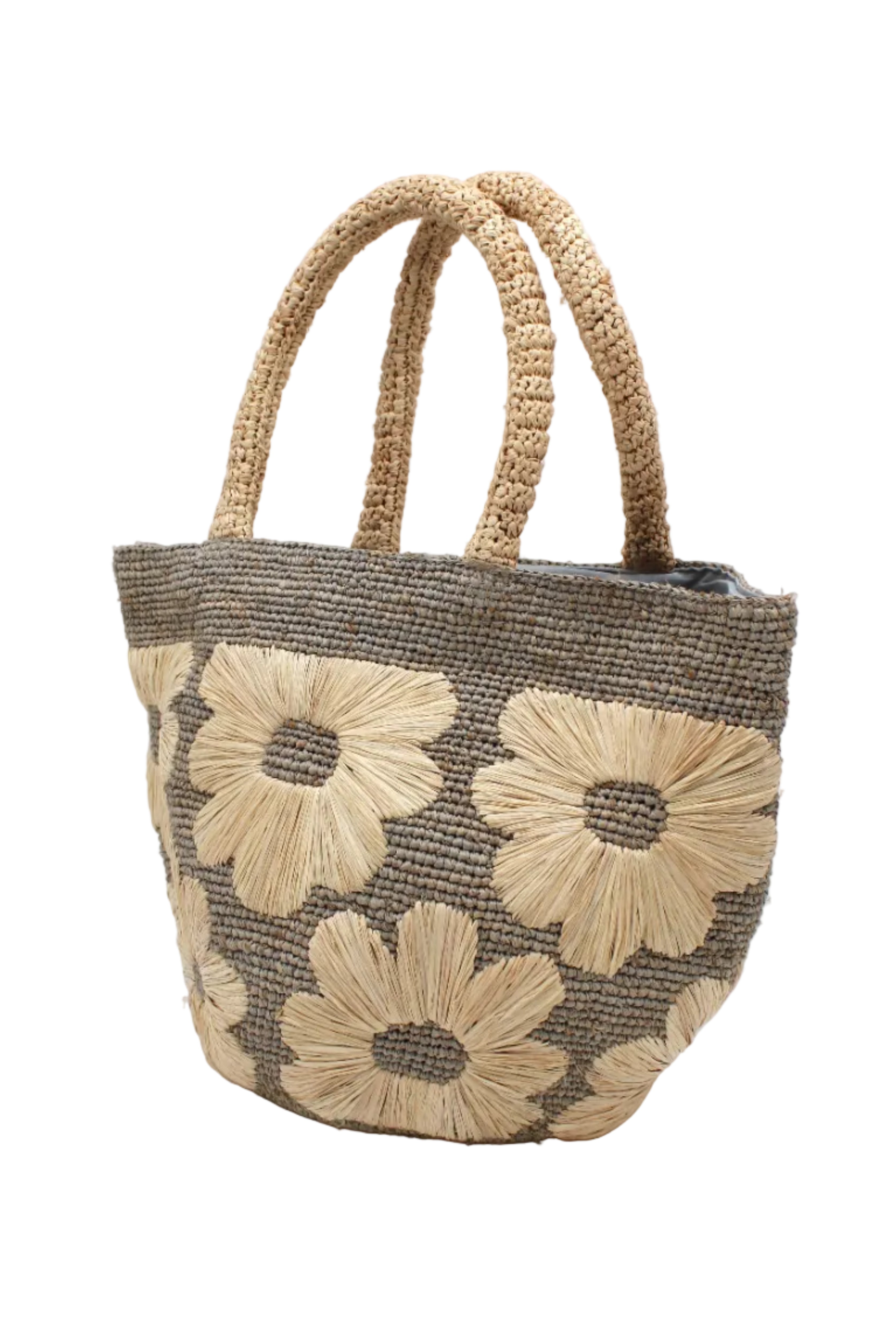 Side view Eva Embroidered Flower Crochet Straw Basket Handbag two tone handmade crochet raffia palm in a solid hue of grey with natural straw color embroidered floral pattern and matching natural crochet handles beach bag tote purse - Shebobo