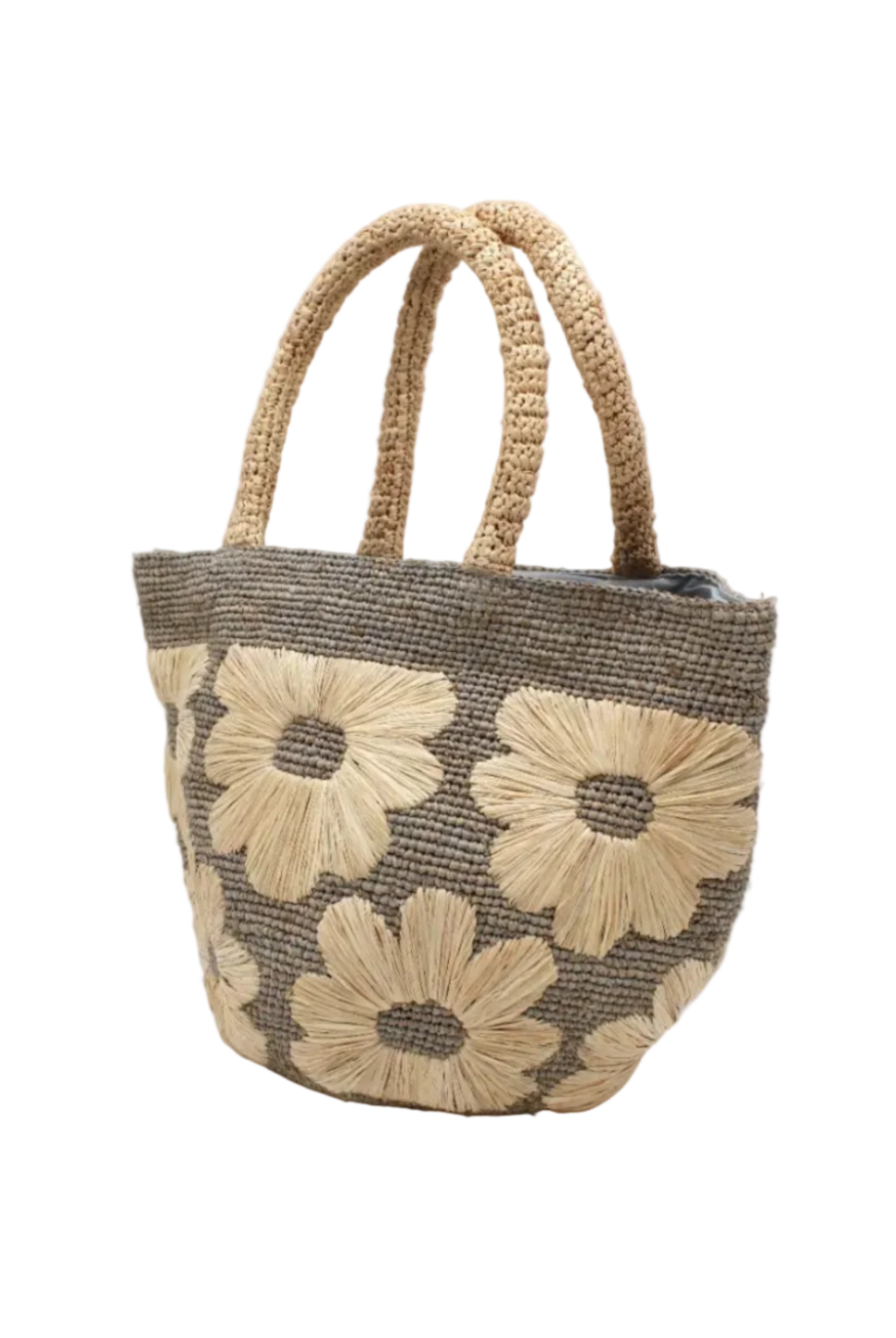 Side view Eva Embroidered Flower Crochet Straw Basket Handbag two tone handmade crochet raffia palm in a solid hue of grey with natural straw color embroidered floral pattern and matching natural crochet handles beach bag tote purse - Shebobo