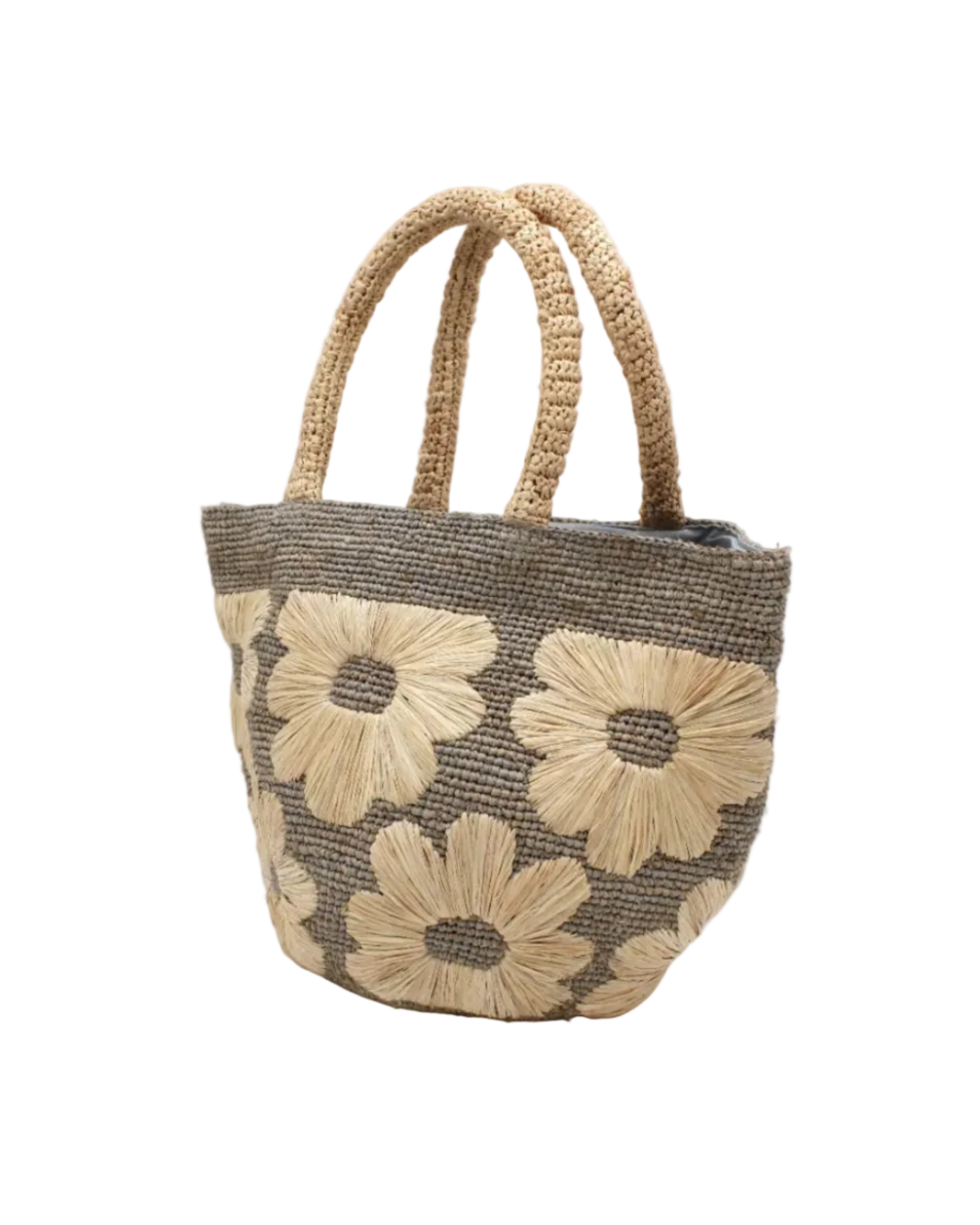 Side view Eva Embroidered Flower Crochet Straw Basket Handbag two tone handmade crochet raffia palm in a solid hue of grey with natural straw color embroidered floral pattern and matching natural crochet handles beach bag tote purse - Shebobo