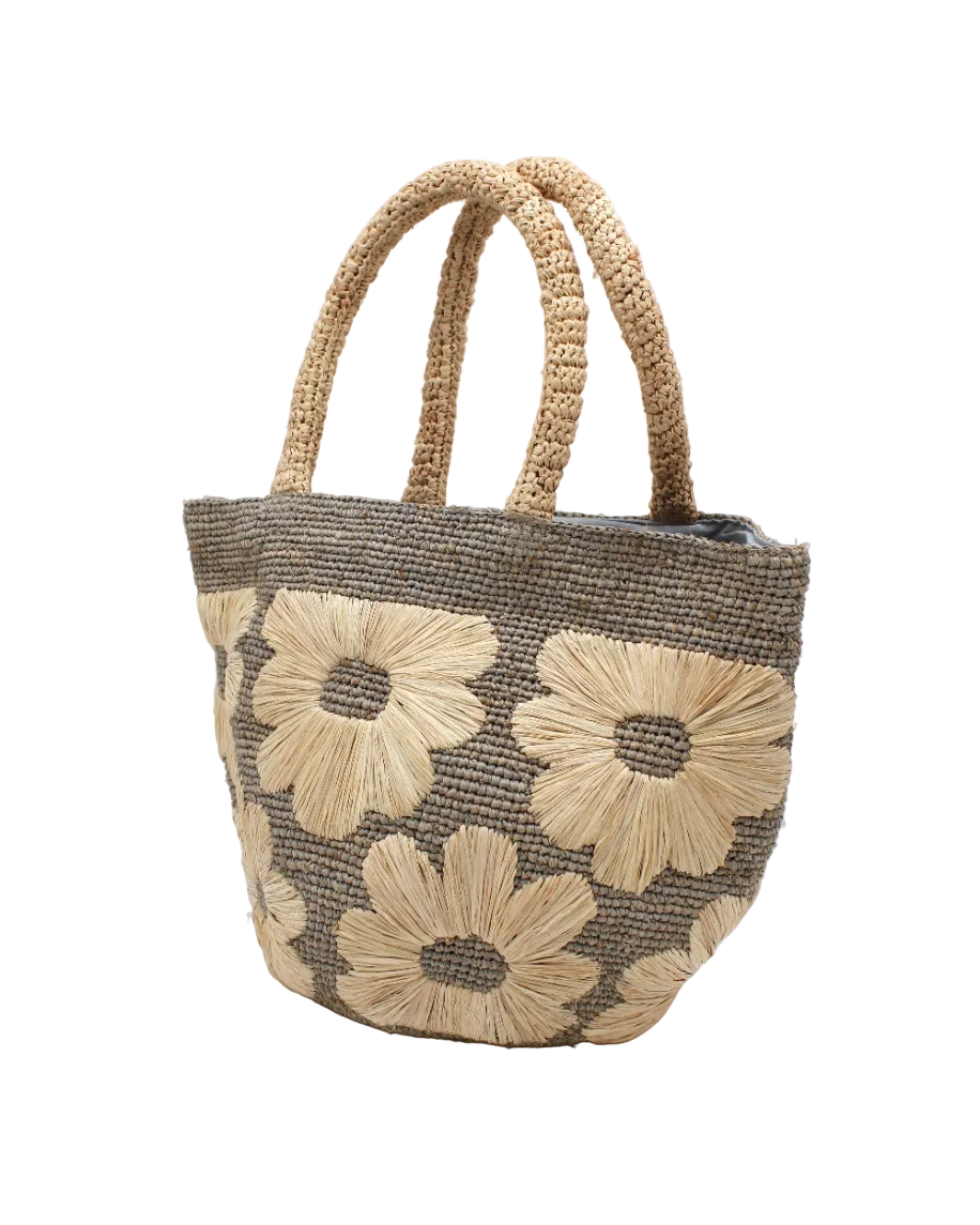 Side view Eva Embroidered Flower Crochet Straw Basket Handbag two tone handmade crochet raffia palm in a solid hue of grey with natural straw color embroidered floral pattern and matching natural crochet handles beach bag tote purse - Shebobo