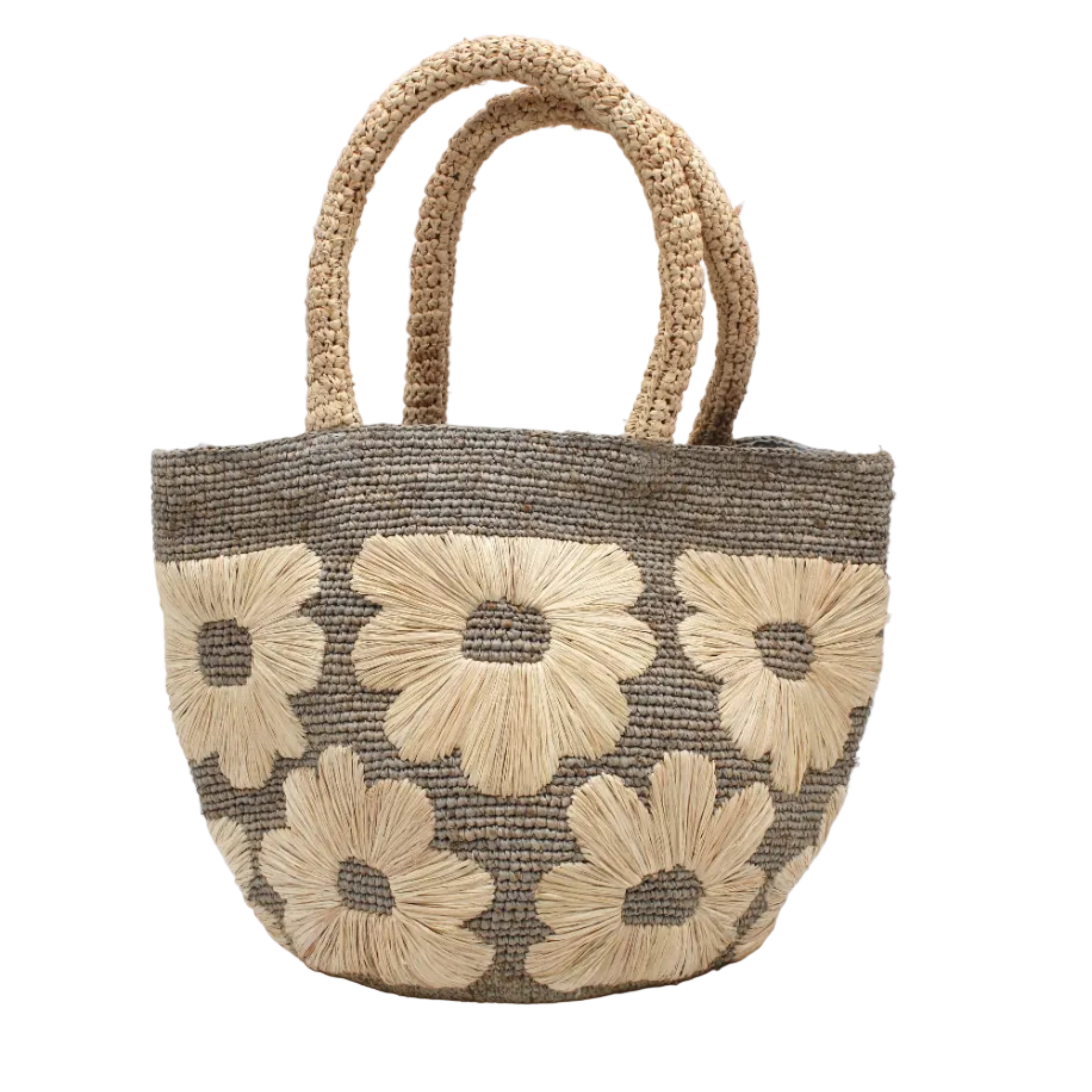 Eva Embroidered Flower Crochet Straw Basket Handbag two tone handmade crochet raffia palm in a solid hue of grey with natural straw color embroidered floral pattern and matching natural crochet handles beach bag tote purse - Shebobo