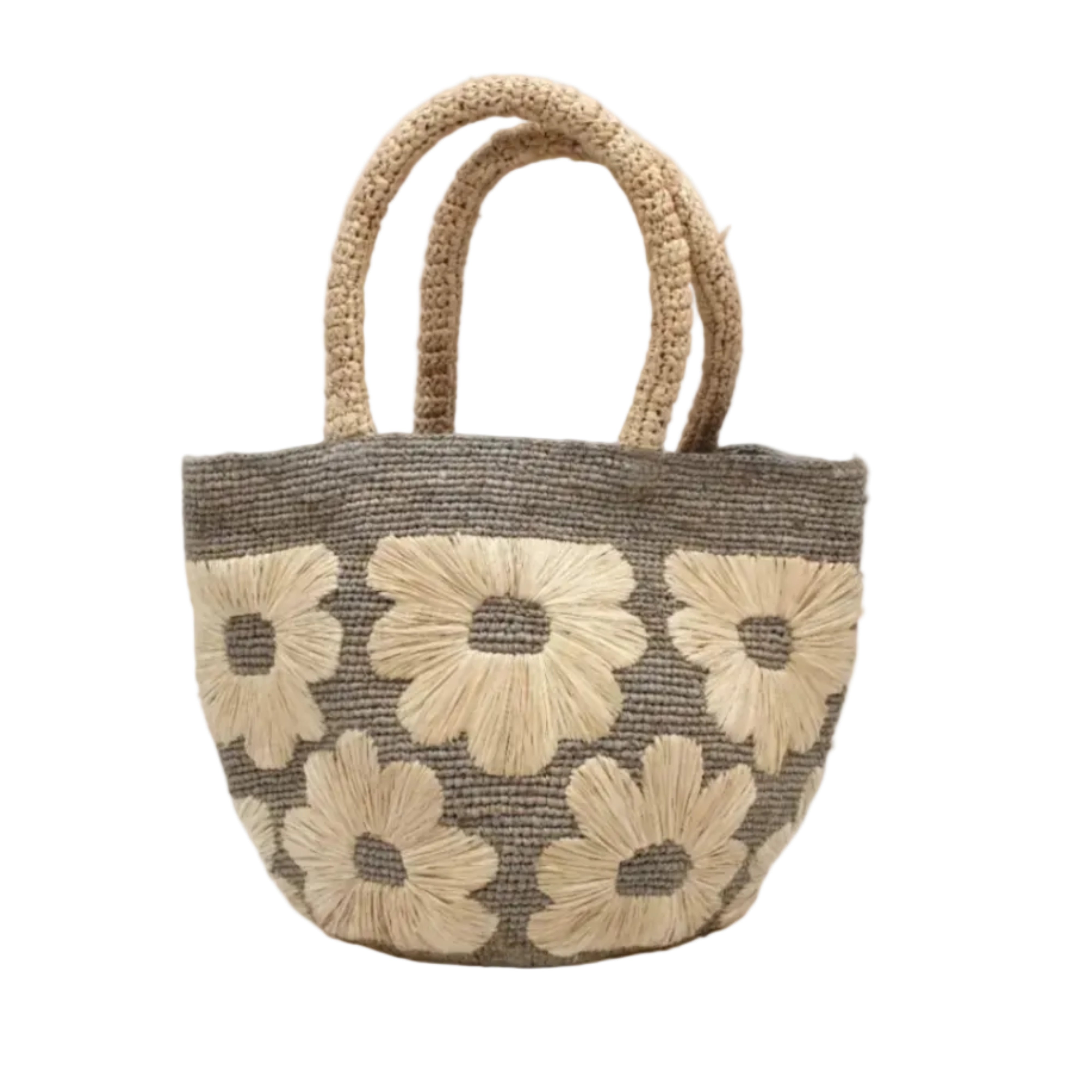 Eva Embroidered Flower Crochet Straw Basket Handbag two tone handmade crochet raffia palm in a solid hue of grey with natural straw color embroidered floral pattern and matching natural crochet handles beach bag tote purse - Shebobo