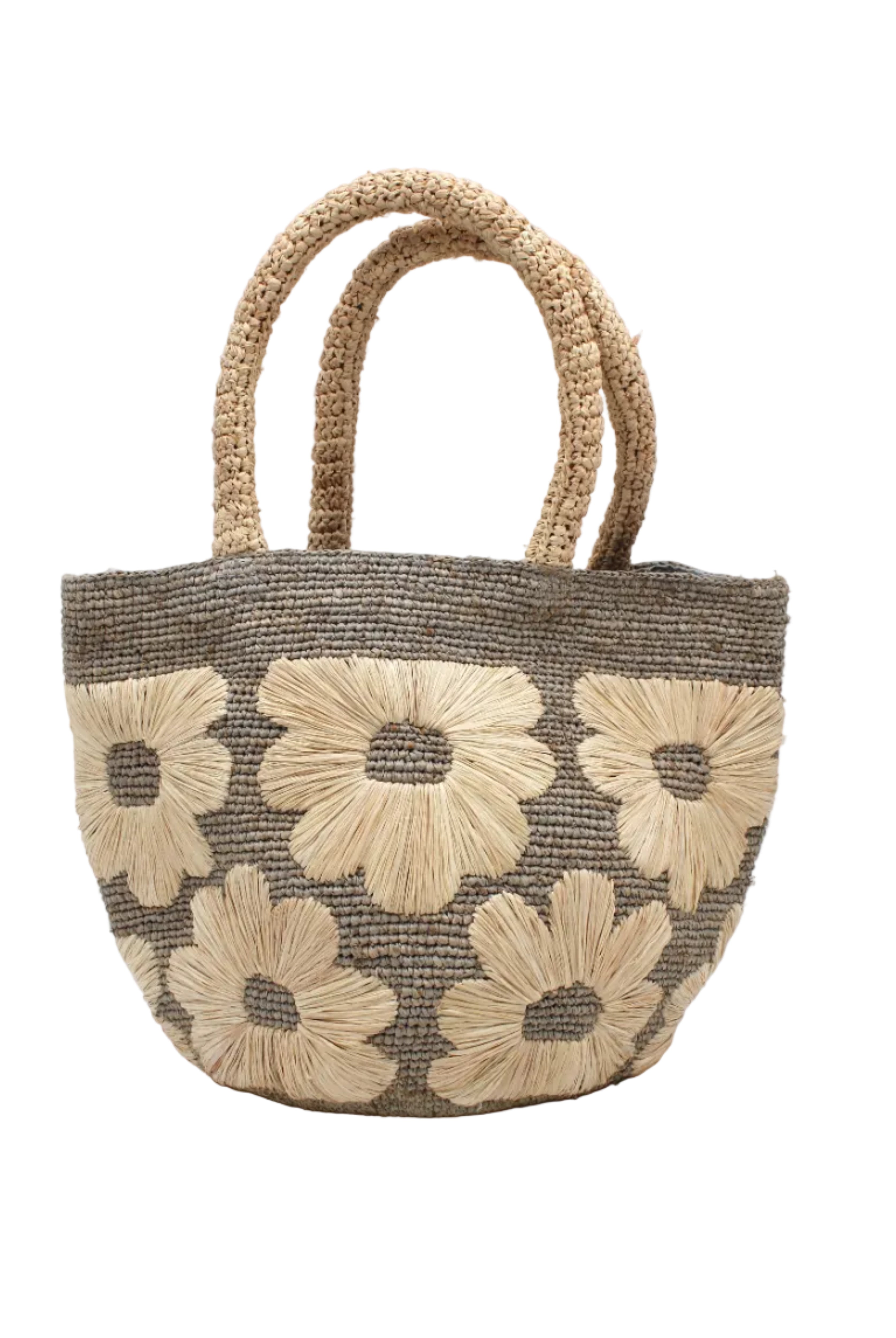 Eva Embroidered Flower Crochet Straw Basket Handbag two tone handmade crochet raffia palm in a solid hue of grey with natural straw color embroidered floral pattern and matching natural crochet handles beach bag tote purse - Shebobo