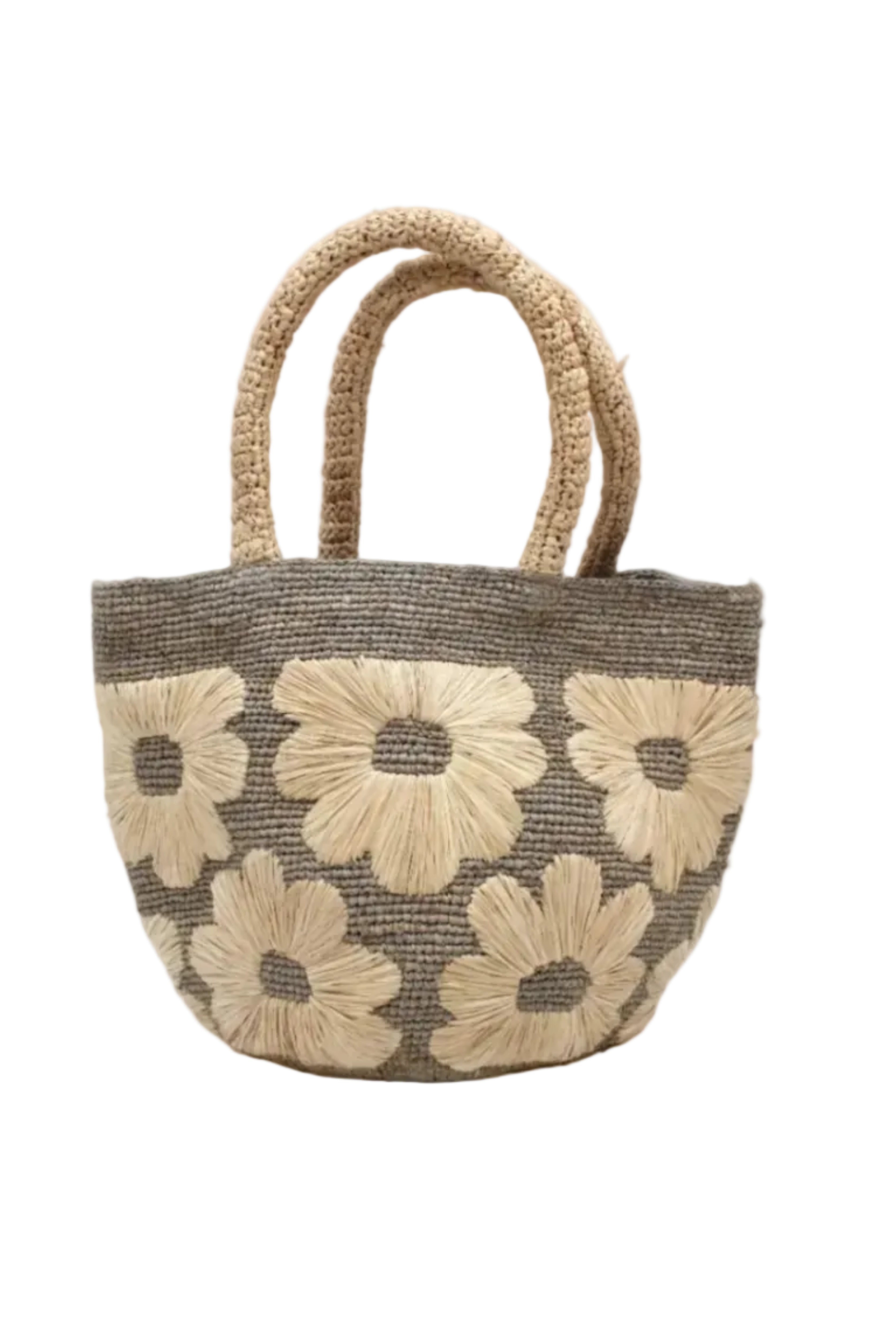Eva Embroidered Flower Crochet Straw Basket Handbag two tone handmade crochet raffia palm in a solid hue of grey with natural straw color embroidered floral pattern and matching natural crochet handles beach bag tote purse - Shebobo