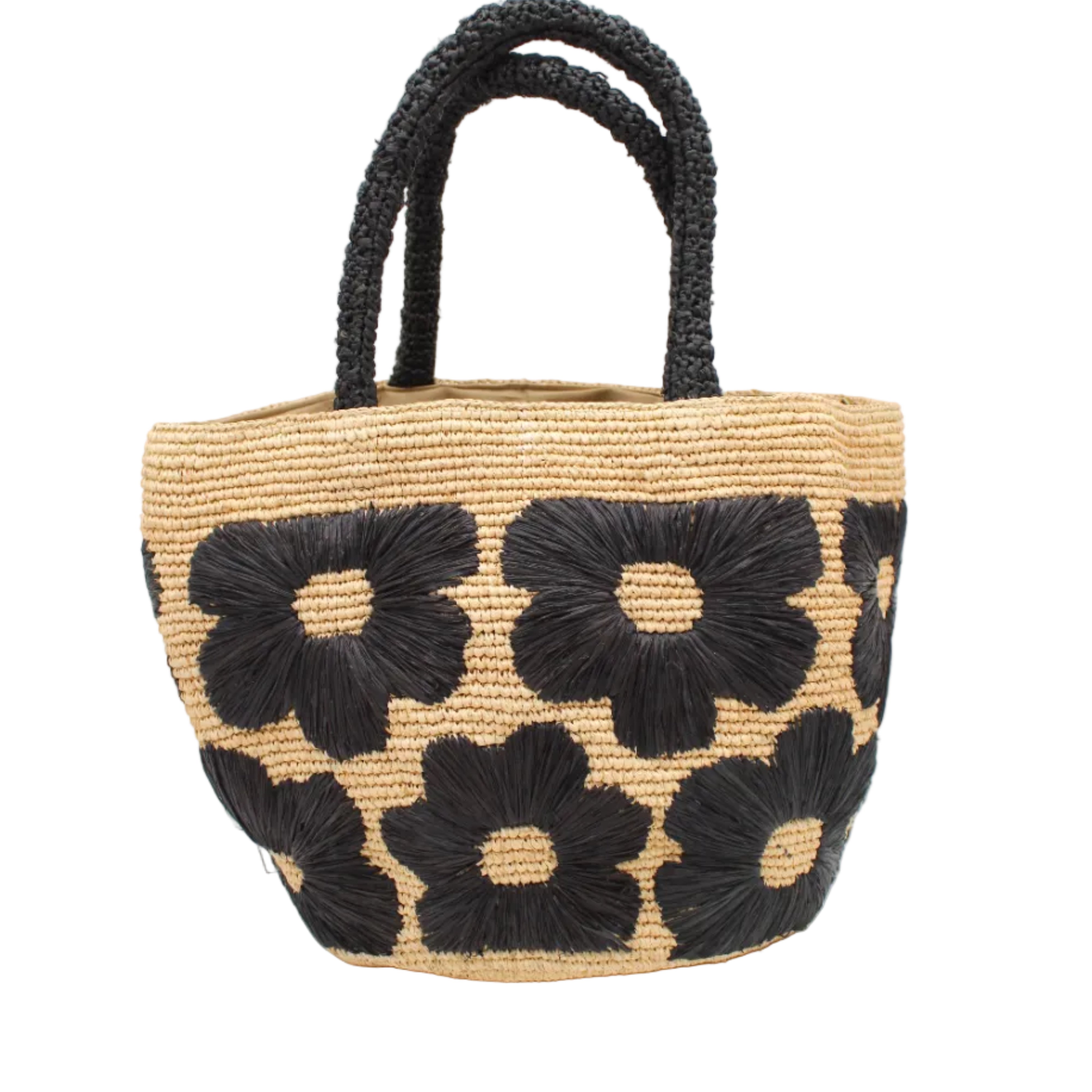 Eva Embroidered Flower Crochet Straw Basket Handbag two tone handmade crochet raffia palm in a solid hue of natural straw color with black embroidered floral pattern and matching black crochet handles beach bag tote purse - Shebobo