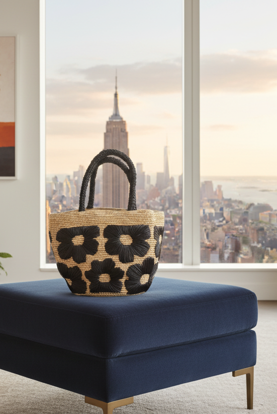 Lifestyle view Eva Embroidered Flower Crochet Straw Basket Handbag two tone handmade crochet raffia palm in a solid hue of natural straw color with black embroidered floral pattern and matching black crochet handles beach bag tote purse - Shebobo