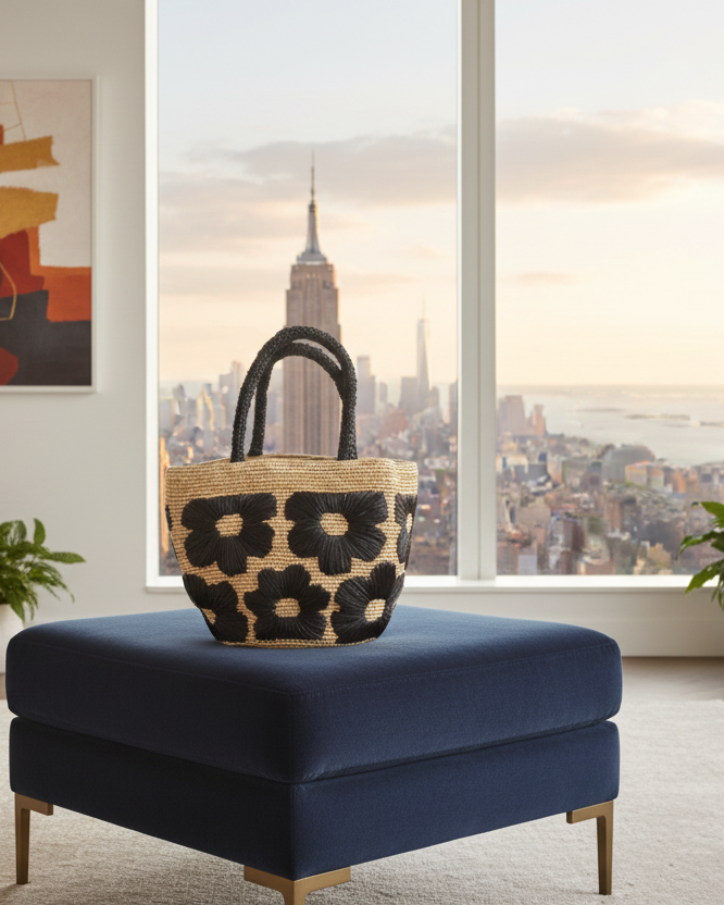 Lifestyle view Eva Embroidered Flower Crochet Straw Basket Handbag two tone handmade crochet raffia palm in a solid hue of natural straw color with black embroidered floral pattern and matching black crochet handles beach bag tote purse - Shebobo