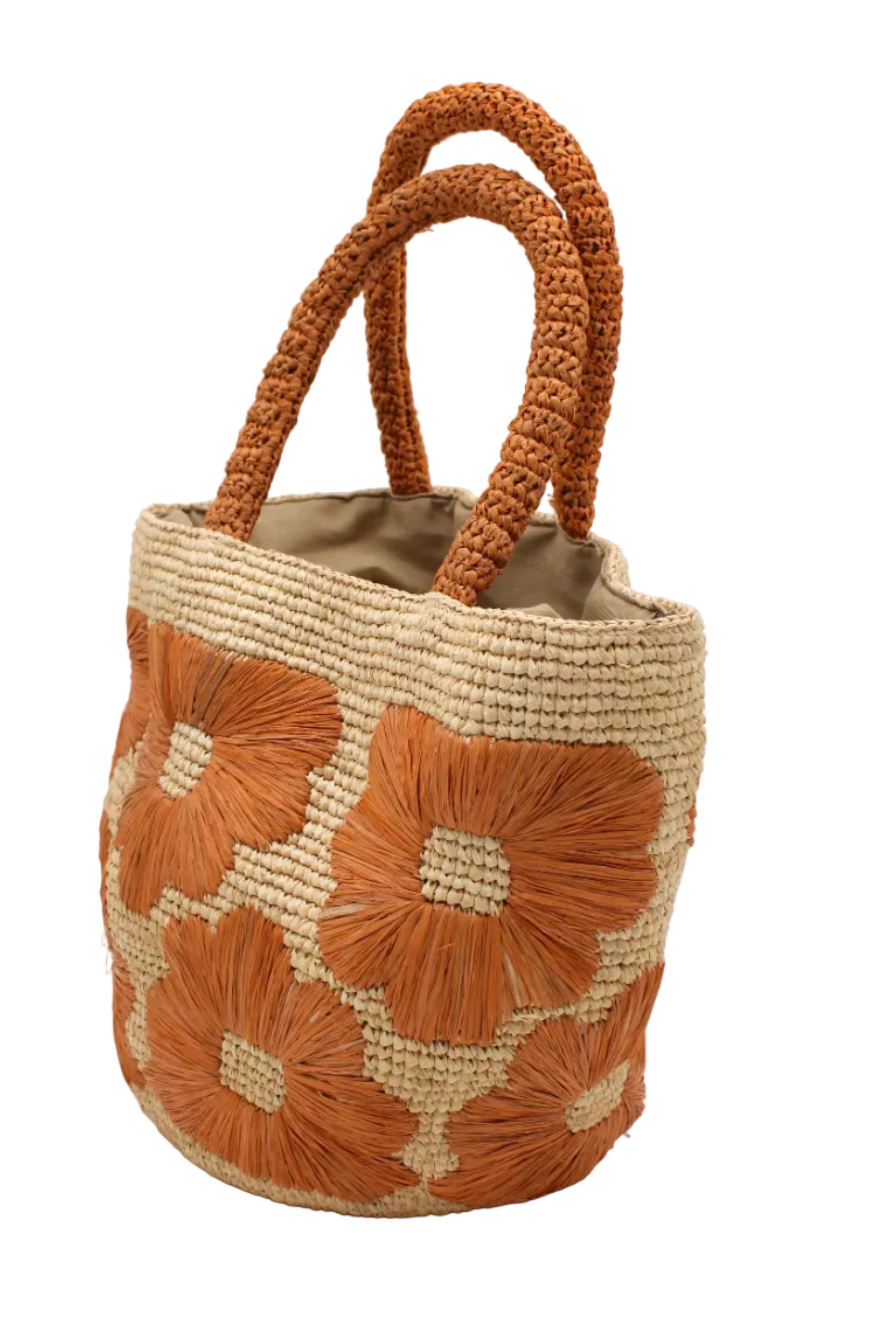 Side view Eva Embroidered Flower Crochet Straw Basket Handbag two tone handmade crochet raffia palm in a solid hue of natural straw color with blush pink/orange embroidered floral pattern and matching blush crochet handles beach bag tote purse - Shebobo