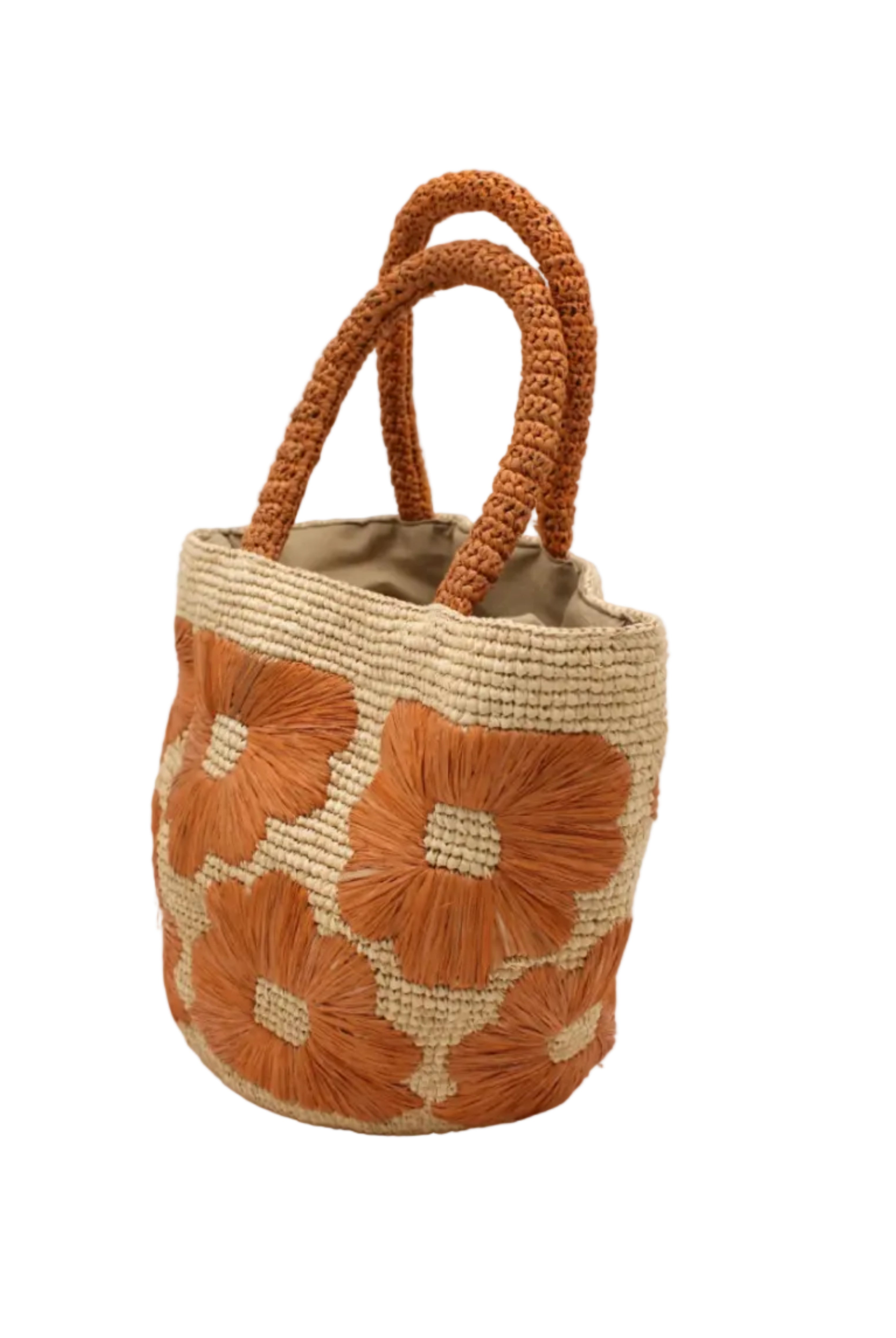 Side view Eva Embroidered Flower Crochet Straw Basket Handbag two tone handmade crochet raffia palm in a solid hue of natural straw color with blush pink/orange embroidered floral pattern and matching blush crochet handles beach bag tote purse - Shebobo