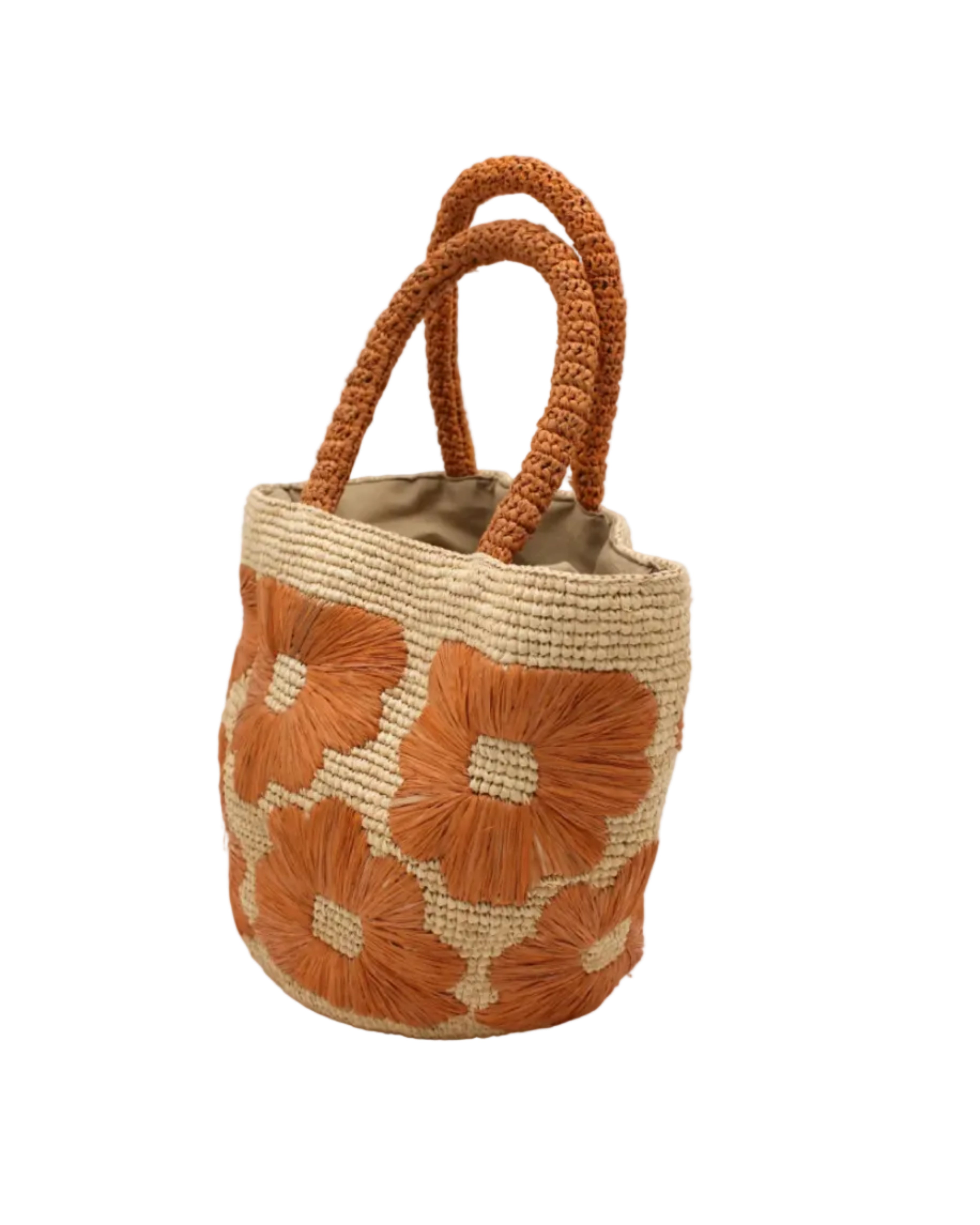 Side view Eva Embroidered Flower Crochet Straw Basket Handbag two tone handmade crochet raffia palm in a solid hue of natural straw color with blush pink/orange embroidered floral pattern and matching blush crochet handles beach bag tote purse - Shebobo