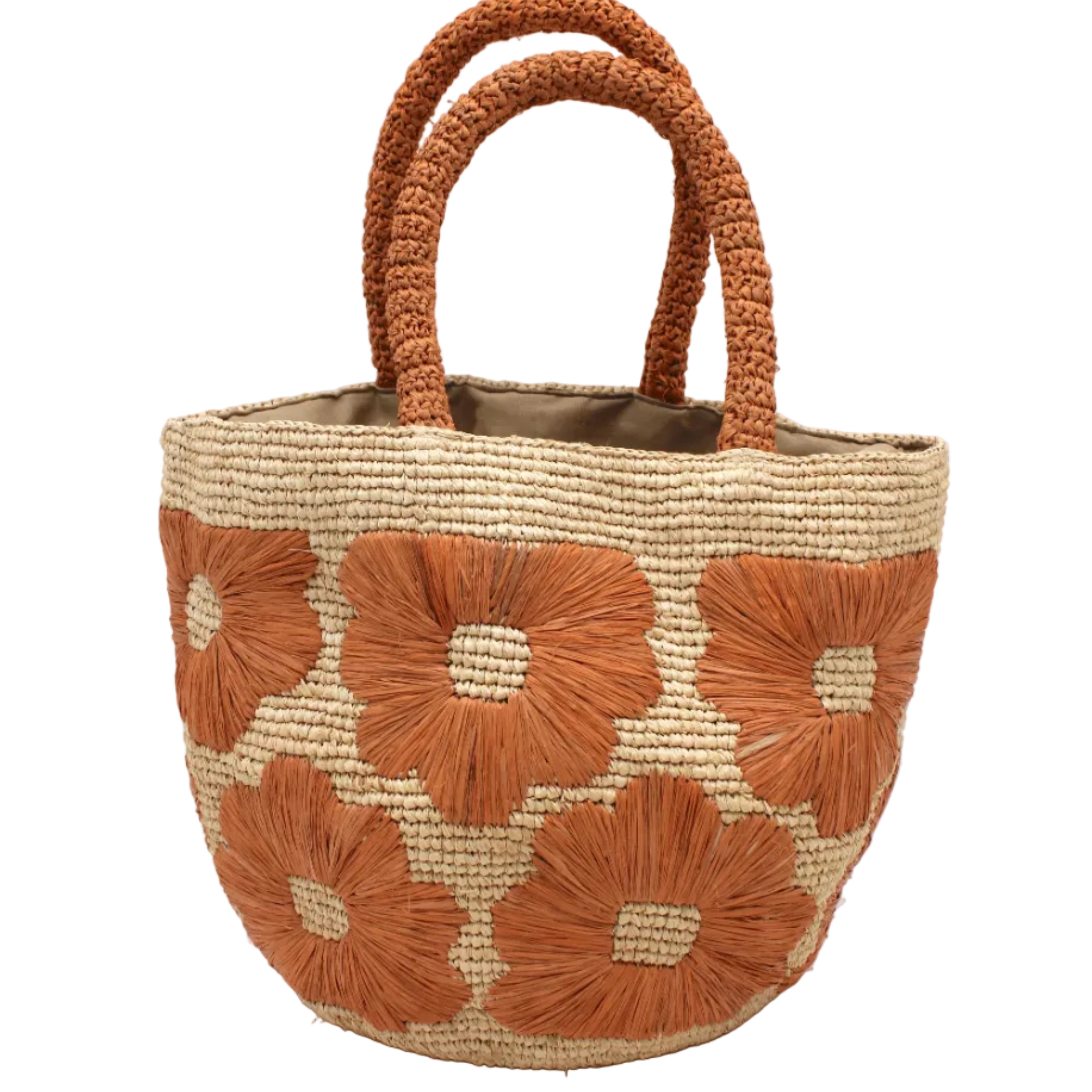 Eva Embroidered Flower Crochet Straw Basket Handbag two tone handmade crochet raffia palm in a solid hue of natural straw color with blush pink/orange embroidered floral pattern and matching blush crochet handles beach bag tote purse - Shebobo