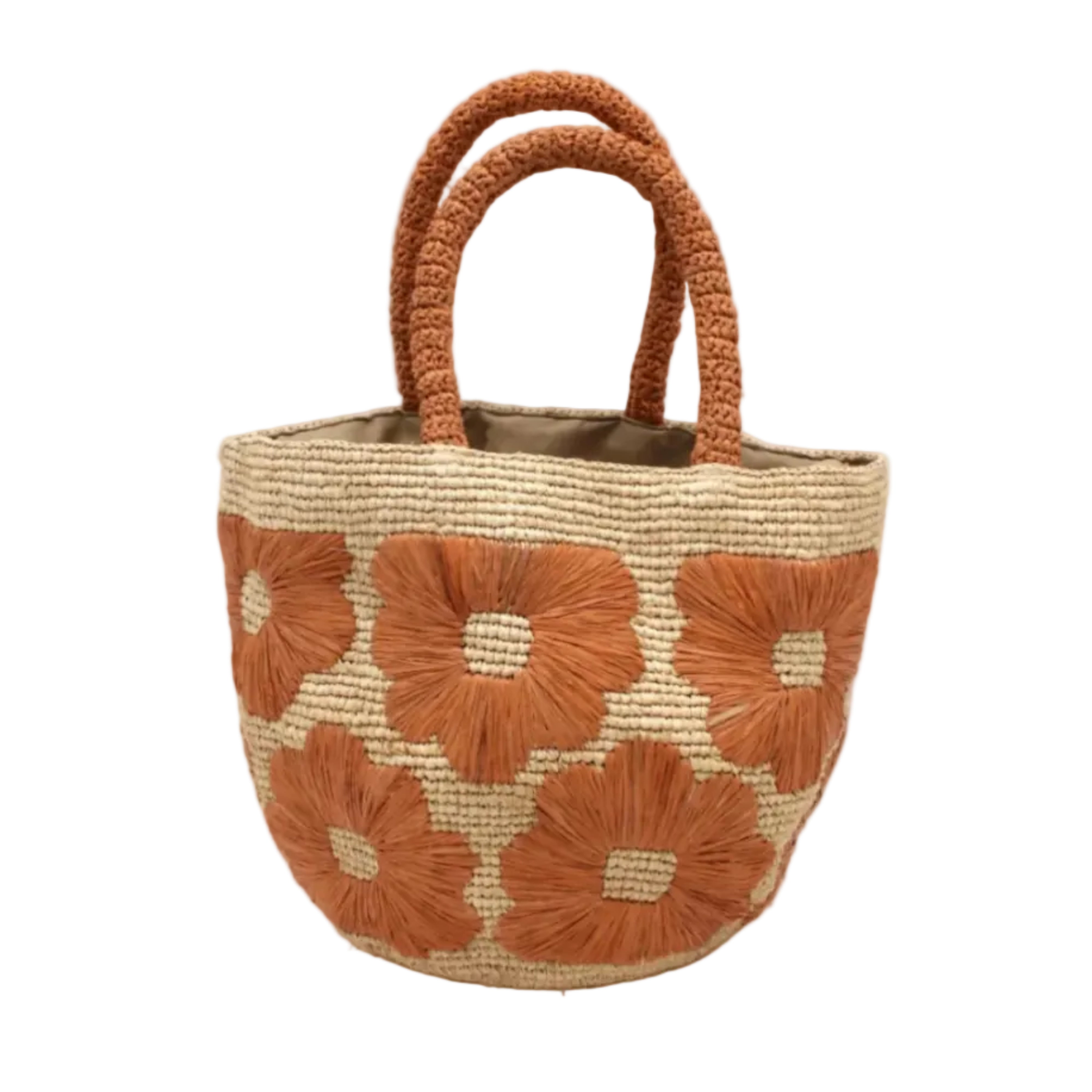 Eva Embroidered Flower Crochet Straw Basket Handbag two tone handmade crochet raffia palm in a solid hue of natural straw color with blush pink/orange embroidered floral pattern and matching blush crochet handles beach bag tote purse - Shebobo
