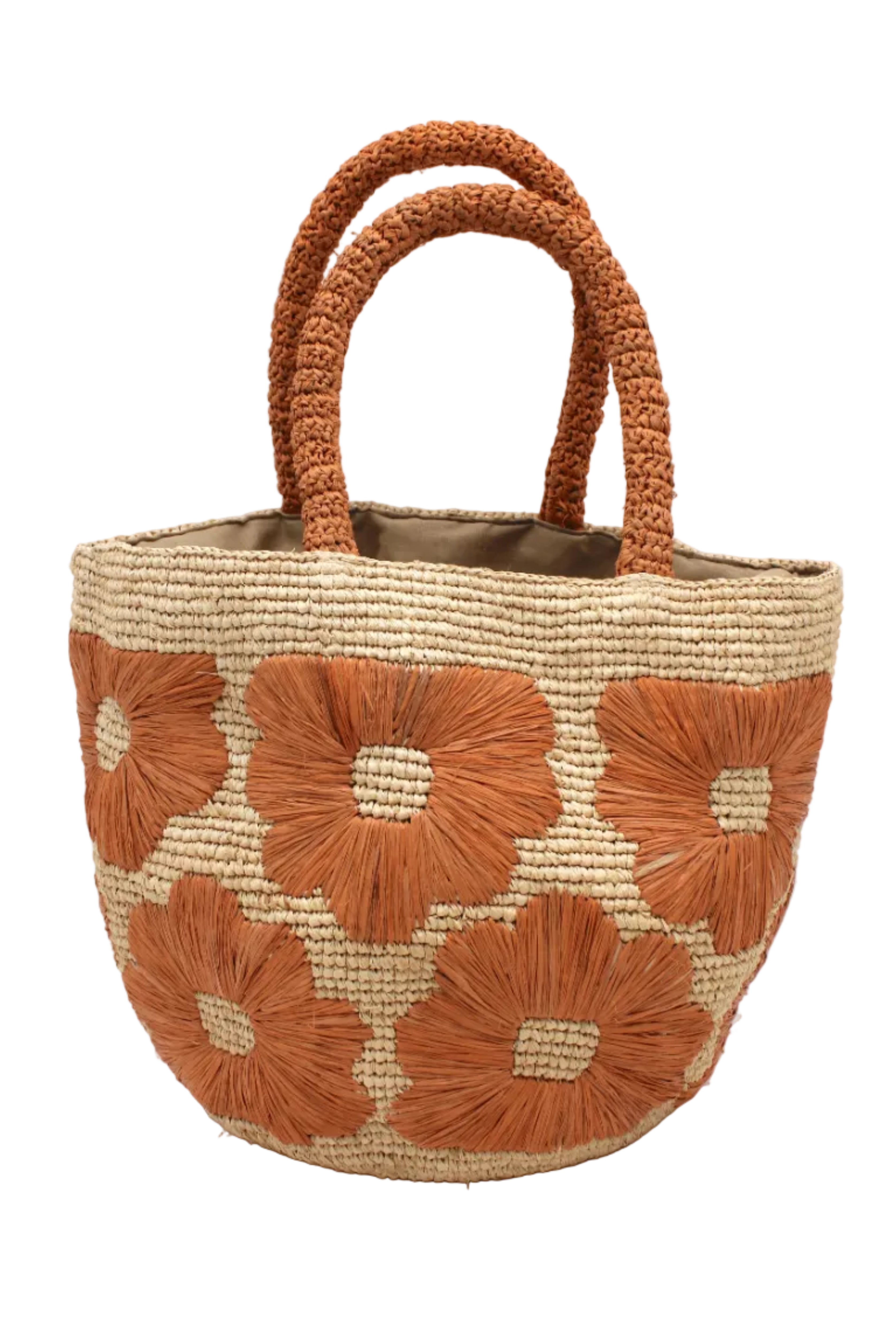 Eva Embroidered Flower Crochet Straw Basket Handbag two tone handmade crochet raffia palm in a solid hue of natural straw color with blush pink/orange embroidered floral pattern and matching blush crochet handles beach bag tote purse - Shebobo