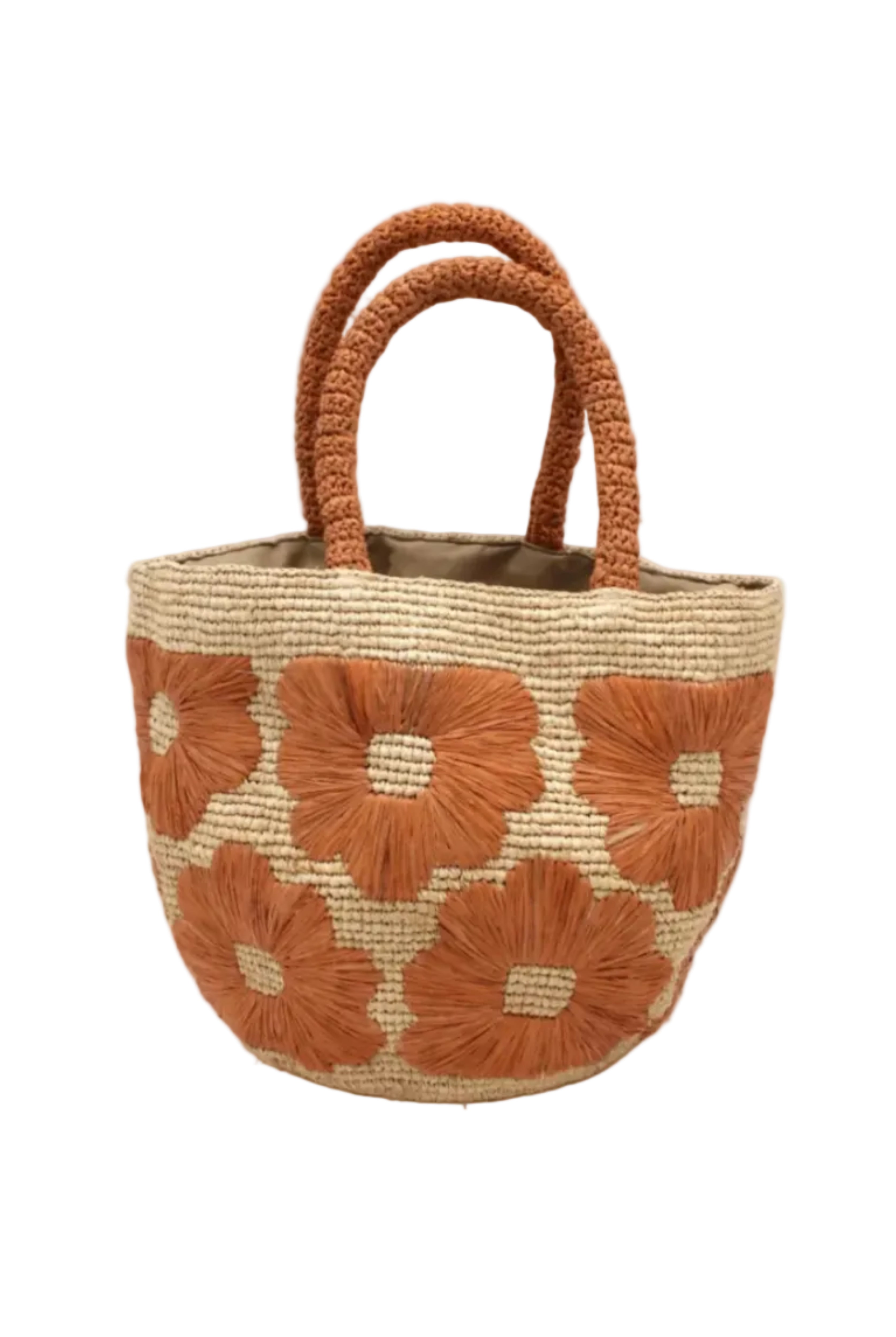 Eva Embroidered Flower Crochet Straw Basket Handbag two tone handmade crochet raffia palm in a solid hue of natural straw color with blush pink/orange embroidered floral pattern and matching blush crochet handles beach bag tote purse - Shebobo