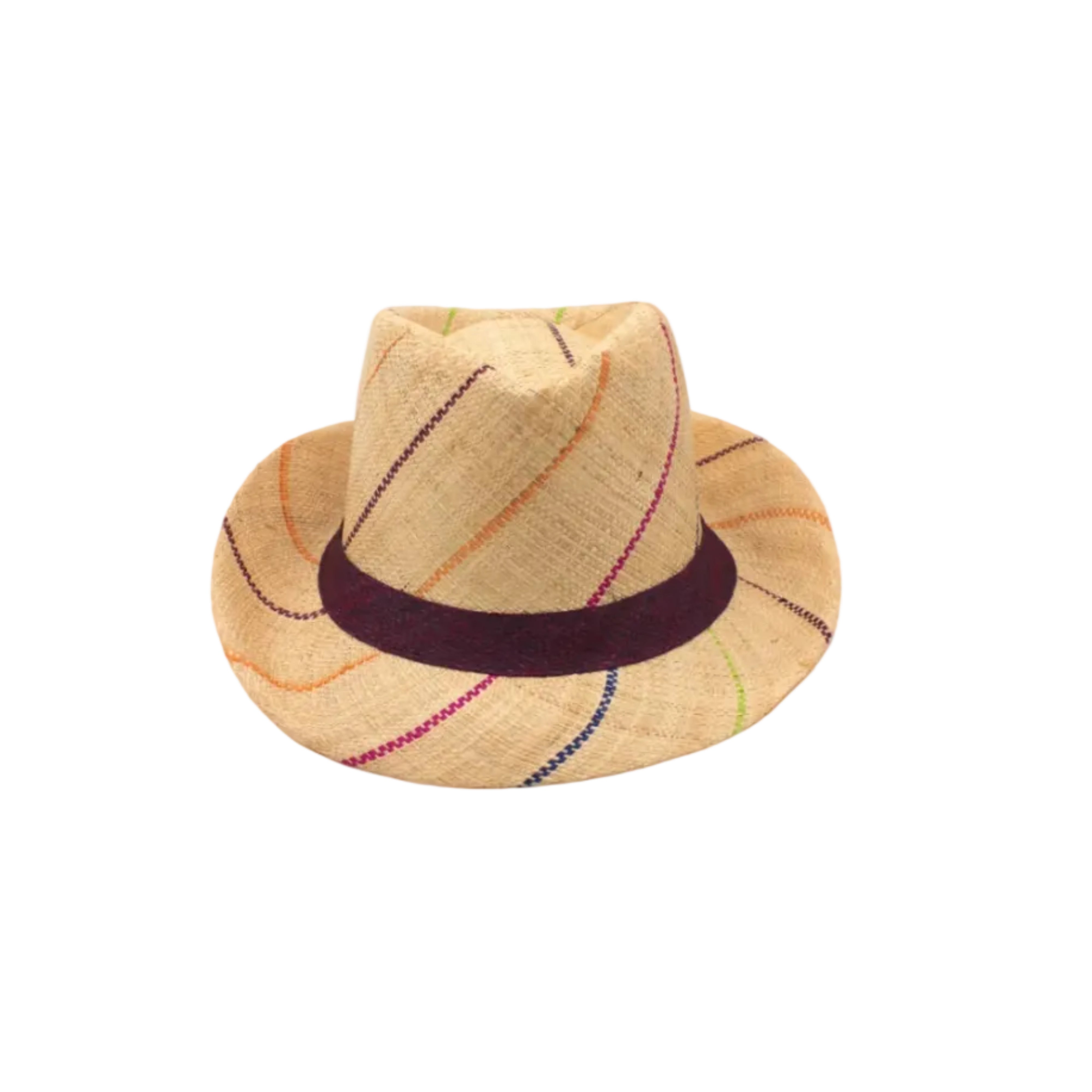 Fedra 2" Brim Fedora Unisex Straw Hats natural and brights multicolor pinstripes packable raffia straw hat handmade loomed raffia in wide bands of natural straw color with narrow bands of lime green, bordeaux red, fuchsia pink, orange, cinnaon/tobacco/brown, blush orange/pink, etc. create a stripe swirl pattern - Shebobo