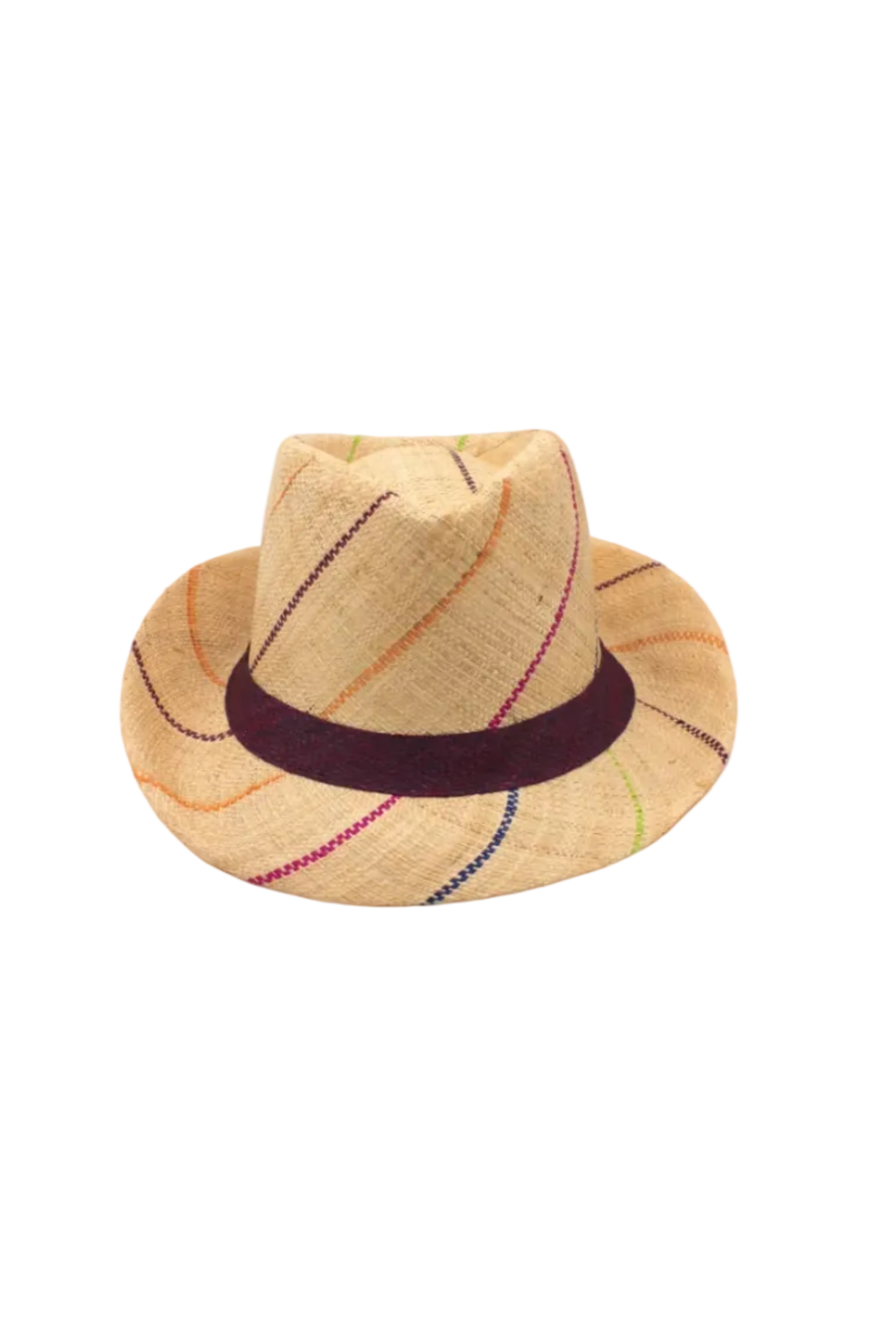 Fedra 2" Brim Fedora Unisex Straw Hats natural and brights multicolor pinstripes packable raffia straw hat handmade loomed raffia in wide bands of natural straw color with narrow bands of lime green, bordeaux red, fuchsia pink, orange, cinnaon/tobacco/brown, blush orange/pink, etc. create a stripe swirl pattern - Shebobo