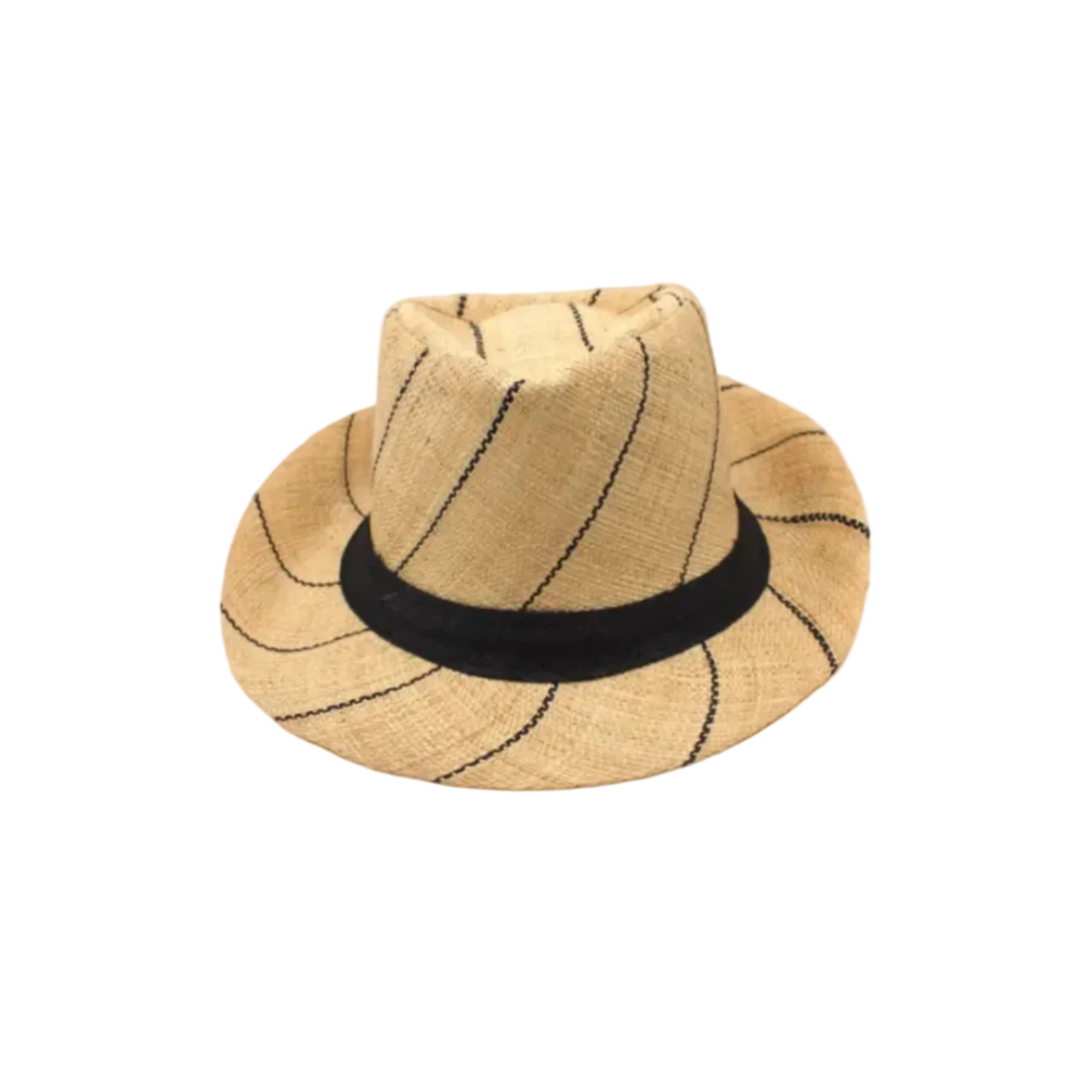 Fedra 2" Brim Fedora Unisex Straw Hats natural and black pinstripes packable raffia straw hat handmade loomed raffia in wide bands of natural straw color with black narrow bands create a stripe swirl pattern - Shebobo
