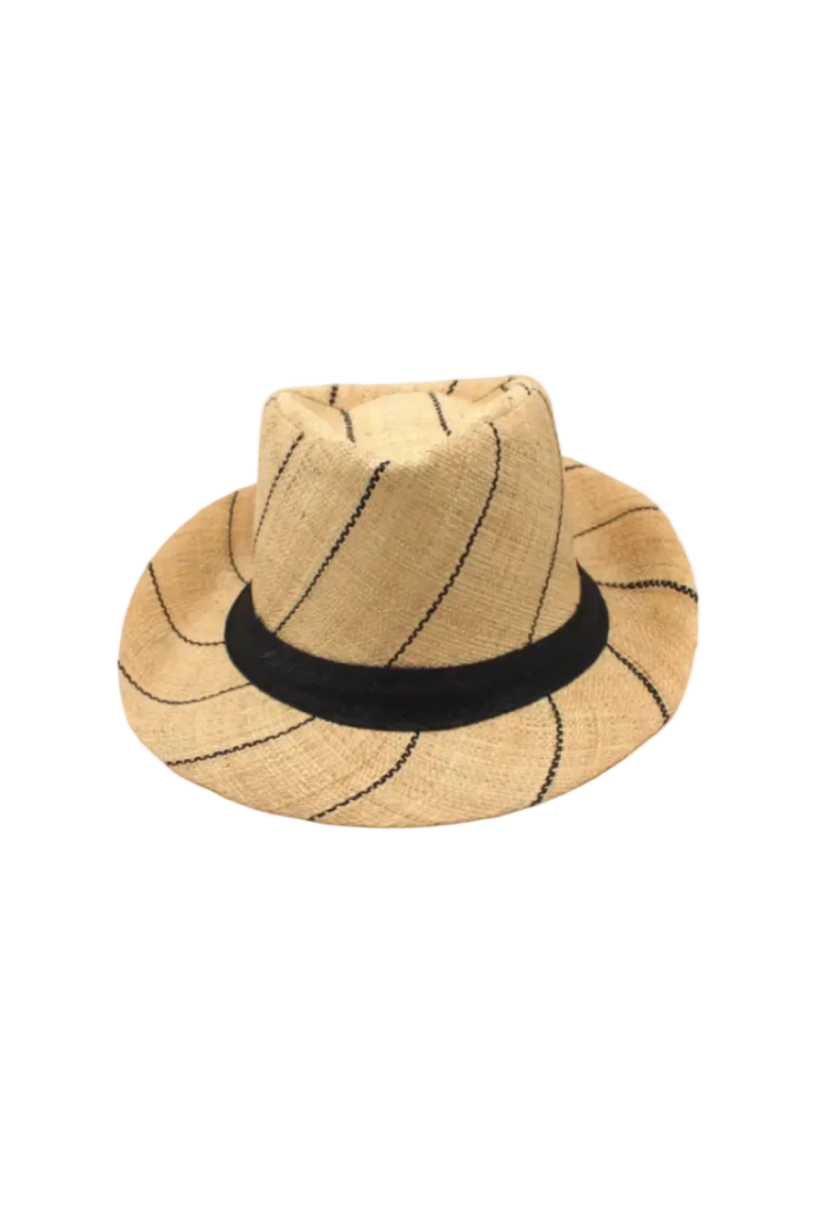 Fedra 2" Brim Fedora Unisex Straw Hats natural and black pinstripes packable raffia straw hat handmade loomed raffia in wide bands of natural straw color with black narrow bands create a stripe swirl pattern - Shebobo