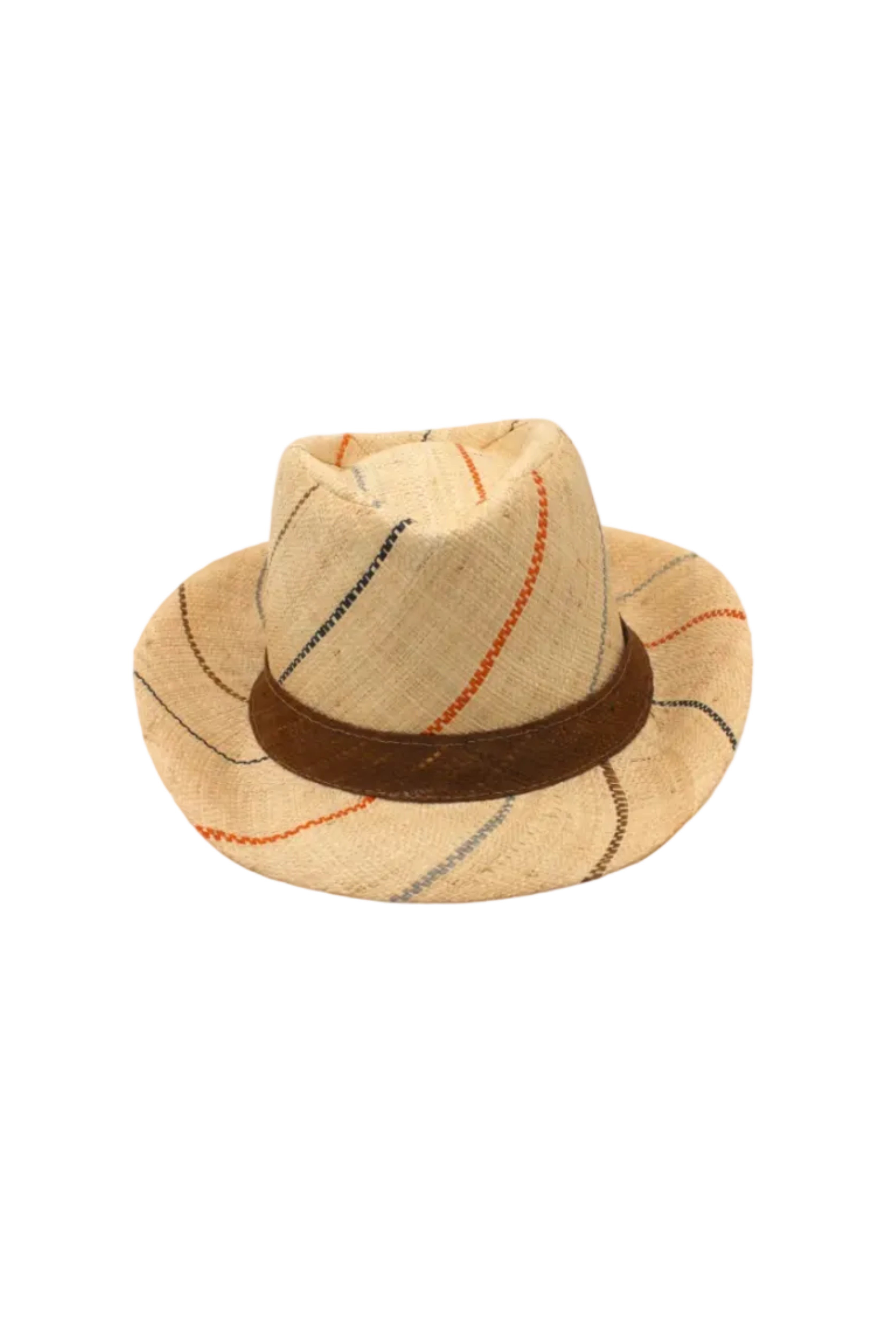 Fedra 2" Brim Fedora Unisex Straw Hats natural and Neutrals multicolor pinstripes packable raffia straw hat handmade loomed raffia in wide bands of natural straw color with narrow bands of blush orange/pink, cinnamon/tobacco/brown, black, and grey create a stripe swirl pattern - Shebobo