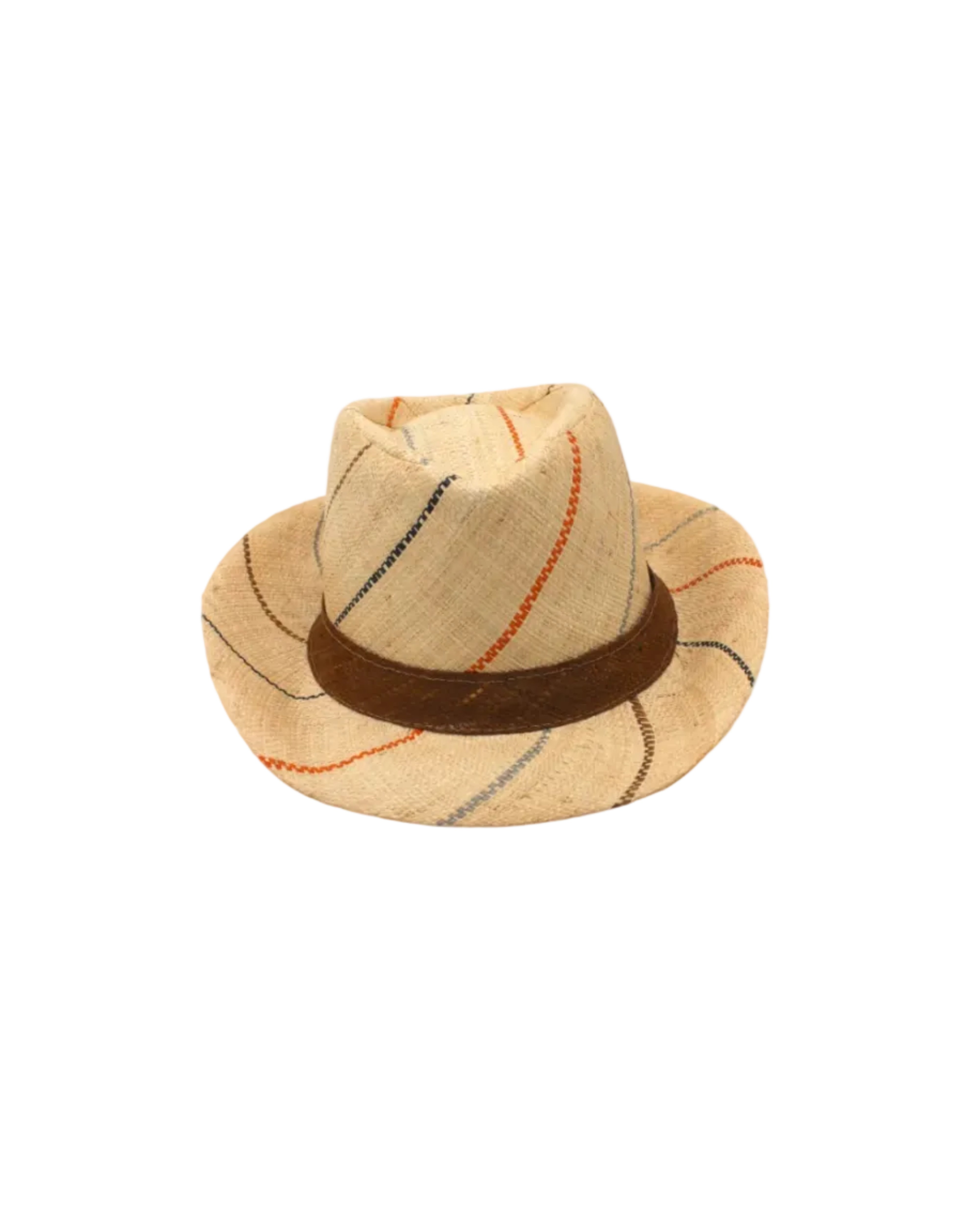 Fedra 2" Brim Fedora Unisex Straw Hats natural and Neutrals multicolor pinstripes packable raffia straw hat handmade loomed raffia in wide bands of natural straw color with narrow bands of blush orange/pink, cinnamon/tobacco/brown, black, and grey create a stripe swirl pattern - Shebobo