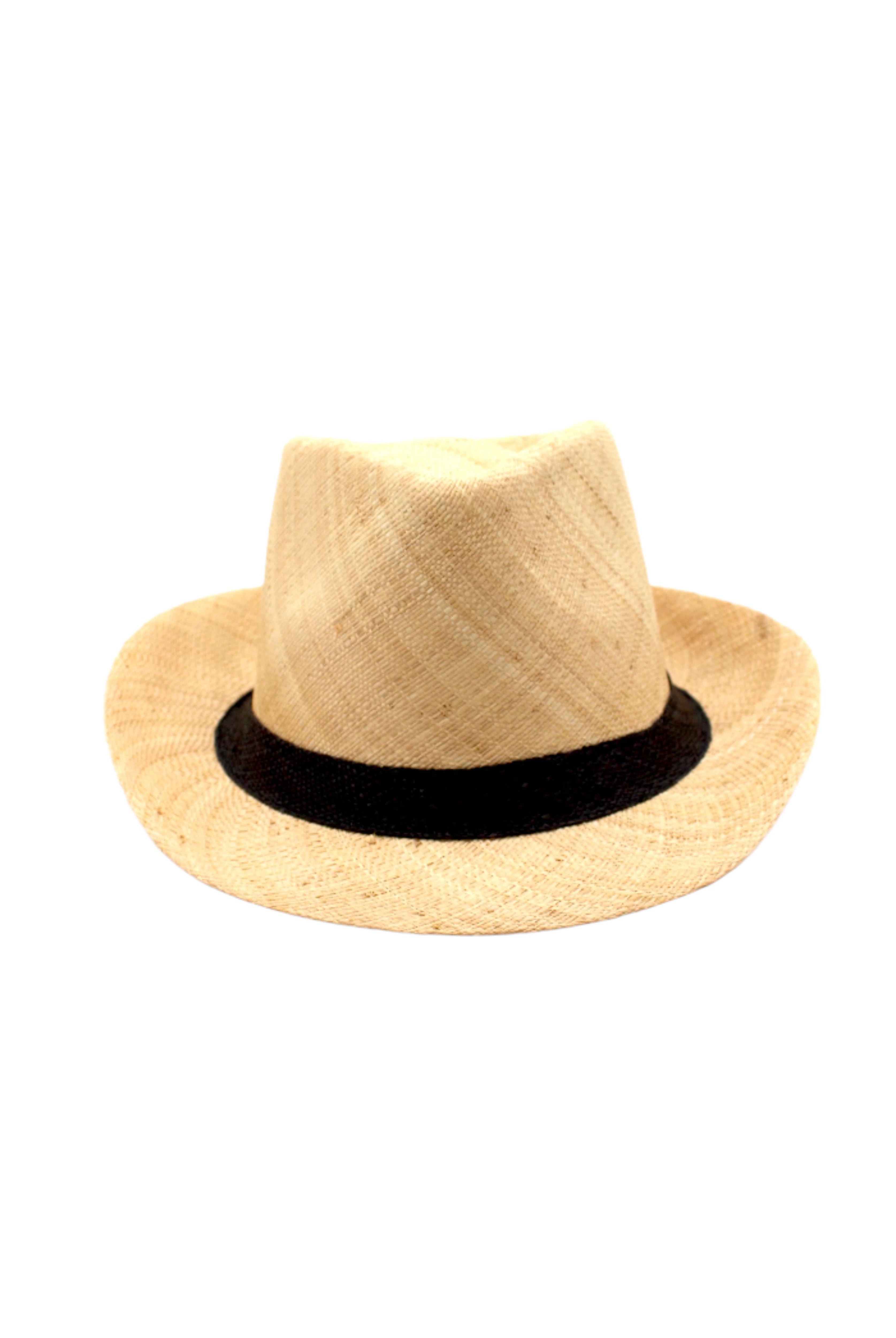Fedra Natural with Black Hat Band - Unisex Fedora Straw Hat handmade loomed natural raffia palm fiber in a solid hue of natural straw color with an attached black hat band - Shebobo
