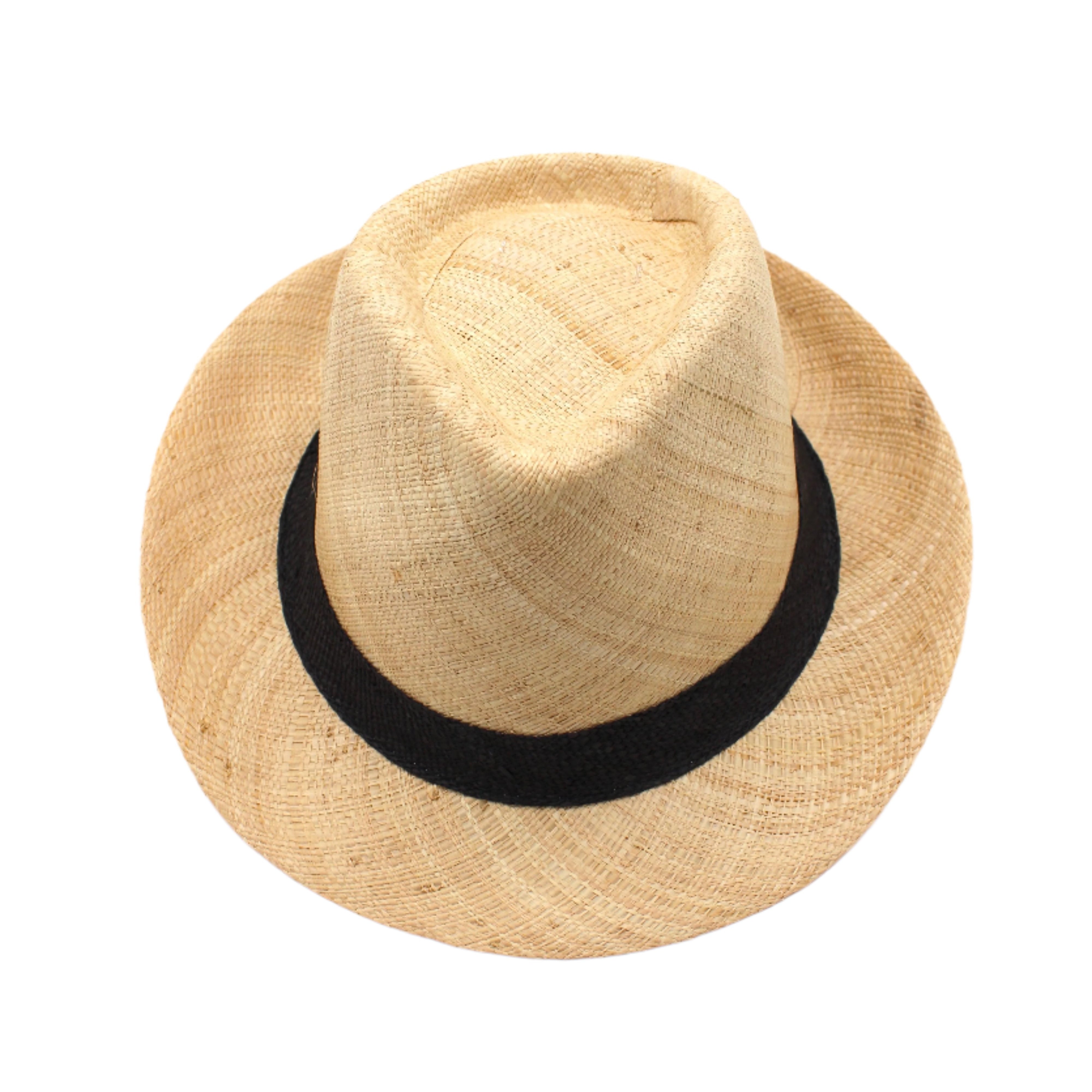 Fedra Natural with Black Hat Band - Unisex Fedora Straw Hat handmade loomed natural raffia palm fiber in a solid hue of natural straw color with an attached black hat band - Shebobo