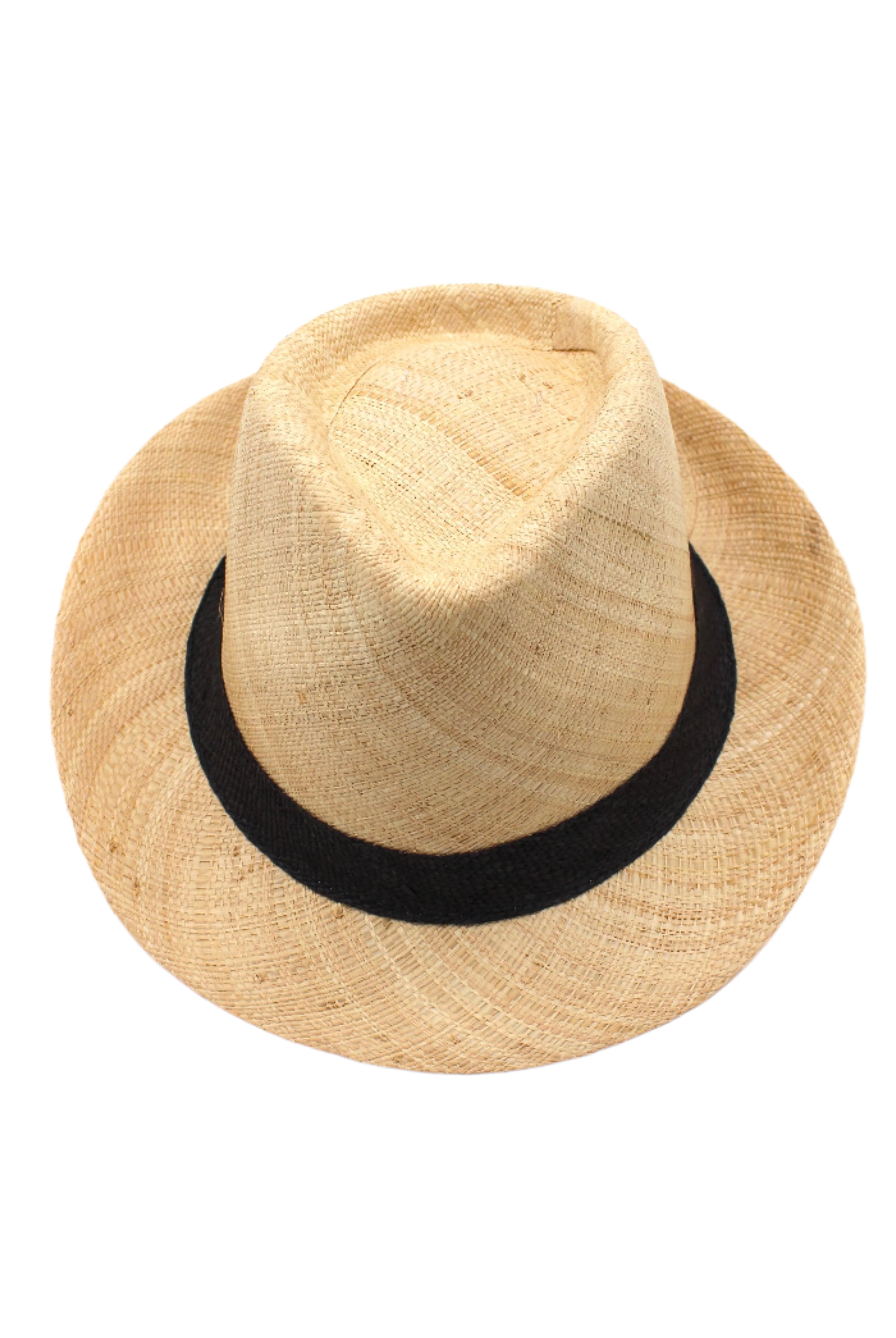 Fedra Natural with Black Hat Band - Unisex Fedora Straw Hat handmade loomed natural raffia palm fiber in a solid hue of natural straw color with an attached black hat band - Shebobo