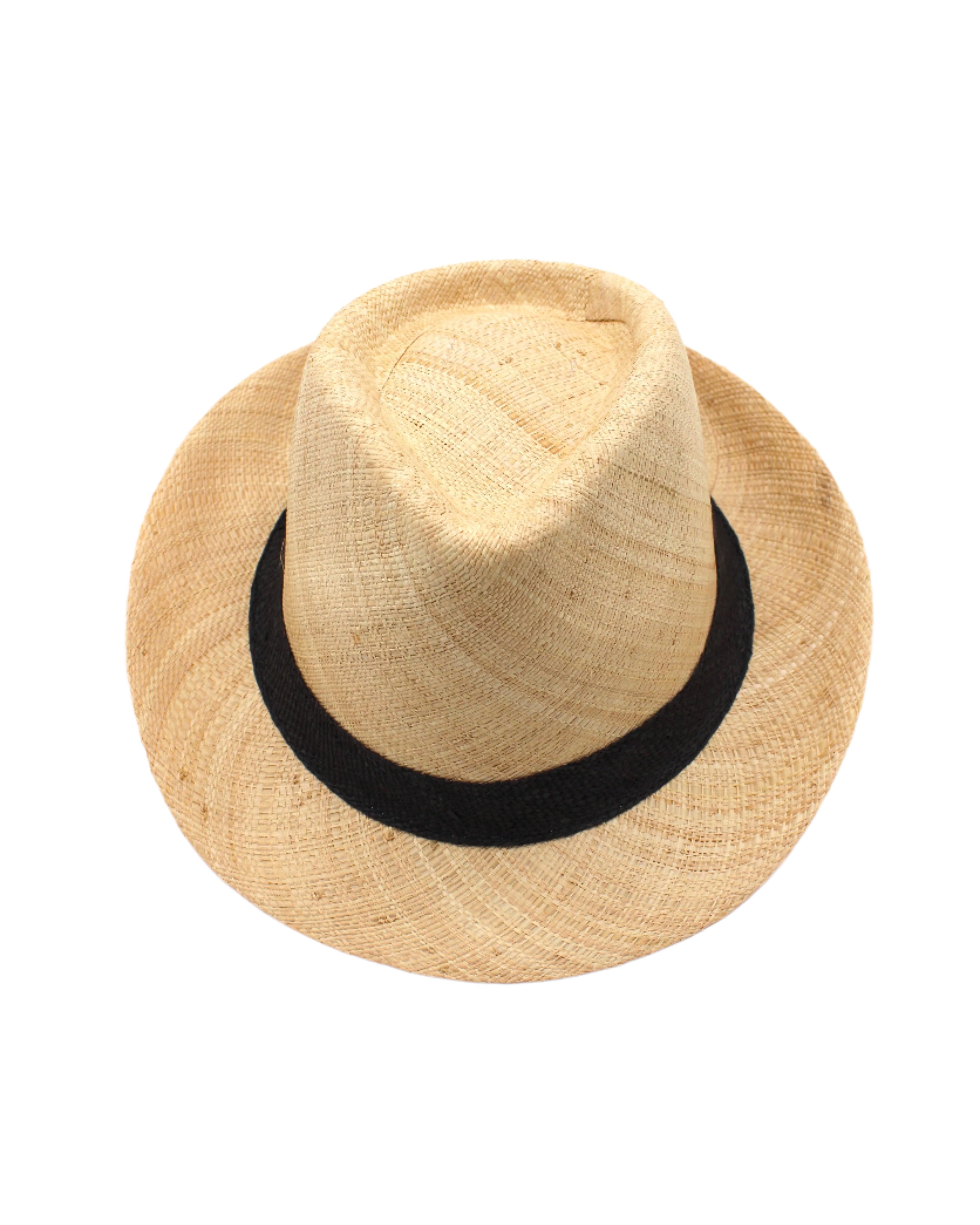 Fedra Natural with Black Hat Band - Unisex Fedora Straw Hat handmade loomed natural raffia palm fiber in a solid hue of natural straw color with an attached black hat band - Shebobo