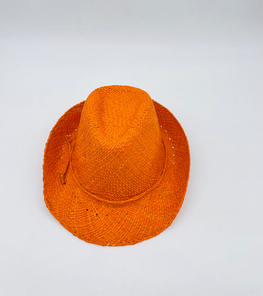 Fiston Orange - Unisex Fedora Straw Hat handmade woven raffia in a solid hue of vibrant orange with narrow brim and matching braided raffia hat band - Shebobo