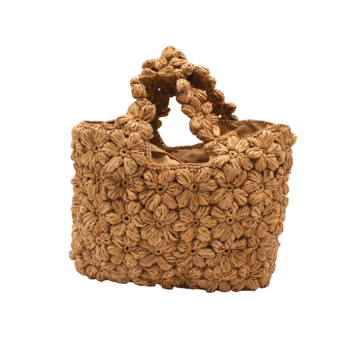 Florence Cappuccino Brown Flower Crochet Straw Basket Handbag handmade natural raffia palm fiber in a solid hue of cappuccino light/tea/brown with subtle tied flower design consisting of 88 flowers crochet together along the outside of the bag as well as the handles purse tote - Shebobo
