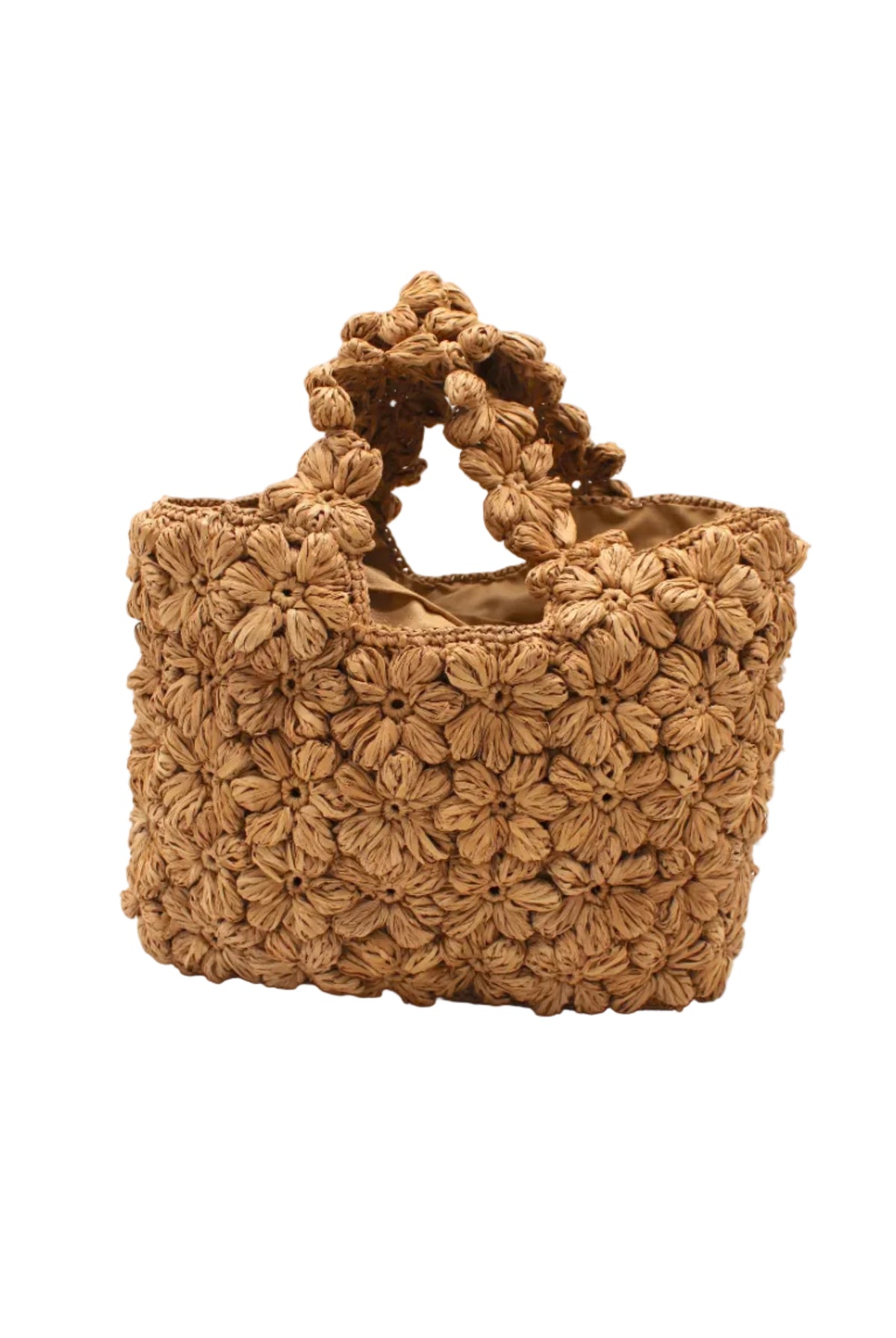 Florence Cappuccino Brown Flower Crochet Straw Basket Handbag handmade natural raffia palm fiber in a solid hue of cappuccino light/tea/brown with subtle tied flower design consisting of 88 flowers crochet together along the outside of the bag as well as the handles purse tote - Shebobo