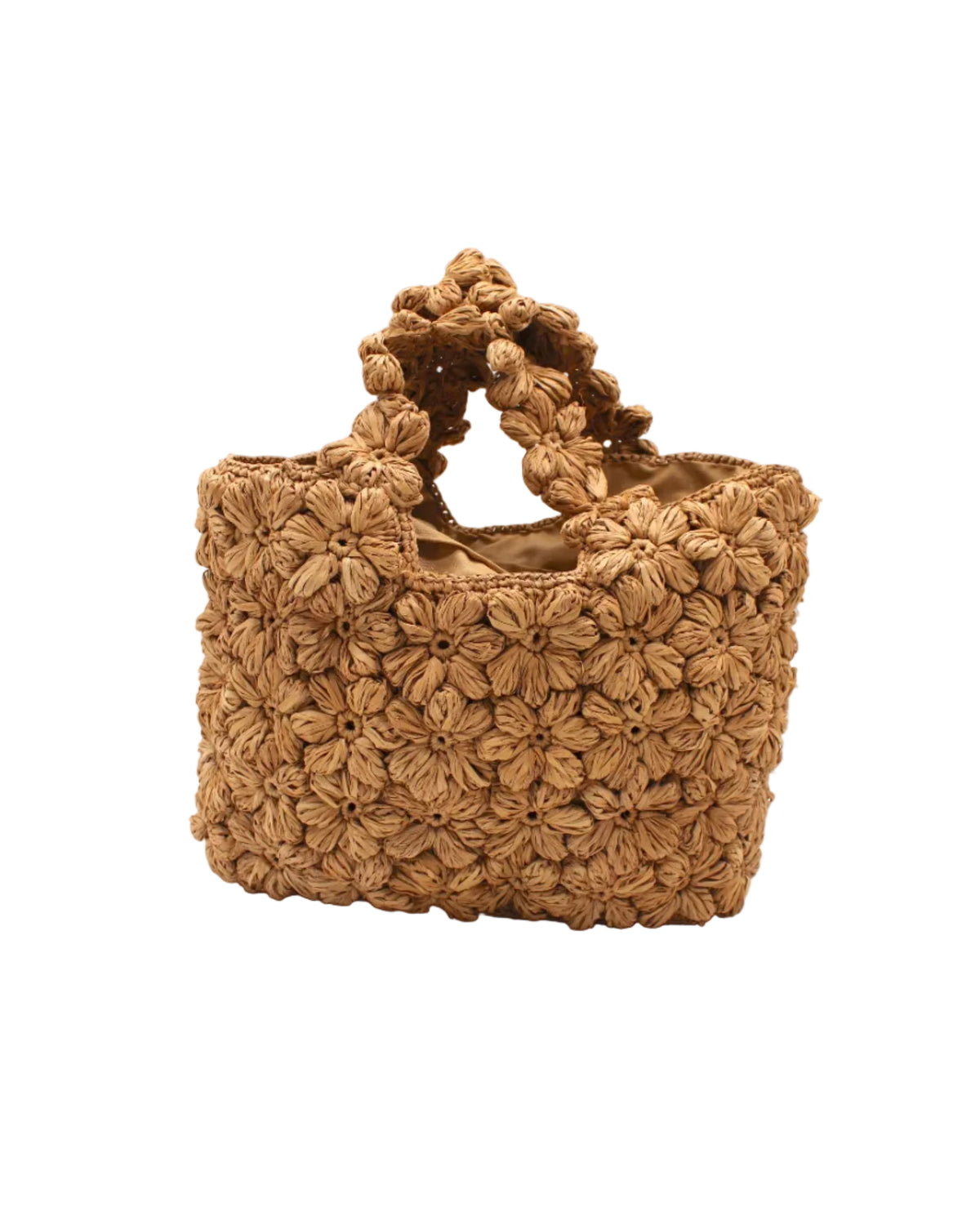 Florence Cappuccino Brown Flower Crochet Straw Basket Handbag handmade natural raffia palm fiber in a solid hue of cappuccino light/tea/brown with subtle tied flower design consisting of 88 flowers crochet together along the outside of the bag as well as the handles purse tote - Shebobo