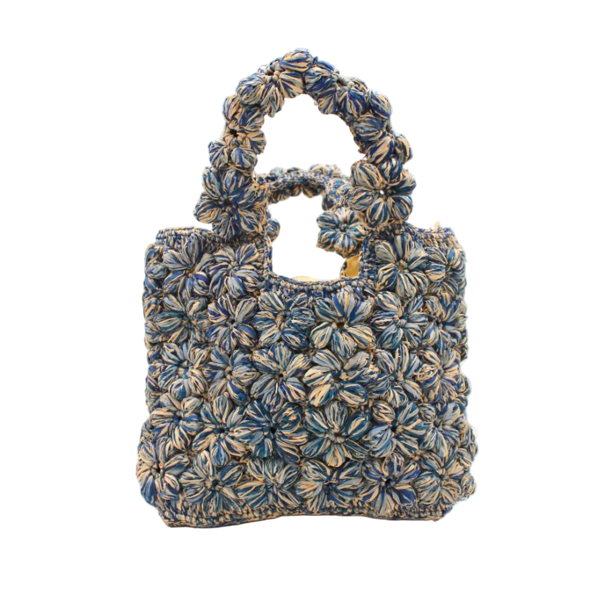 Florence Denim Blues Multicolor Flower Crochet Straw Basket Handbag handmade natural raffia palm fiber in a multicolor hue combination of natural straw color, denim light/retro/blue, and luminous navy/dark/blue with subtle tied flower design consisting of 88 flowers crochet together along the outside of the bag as well as the handles purse tote - Shebobo