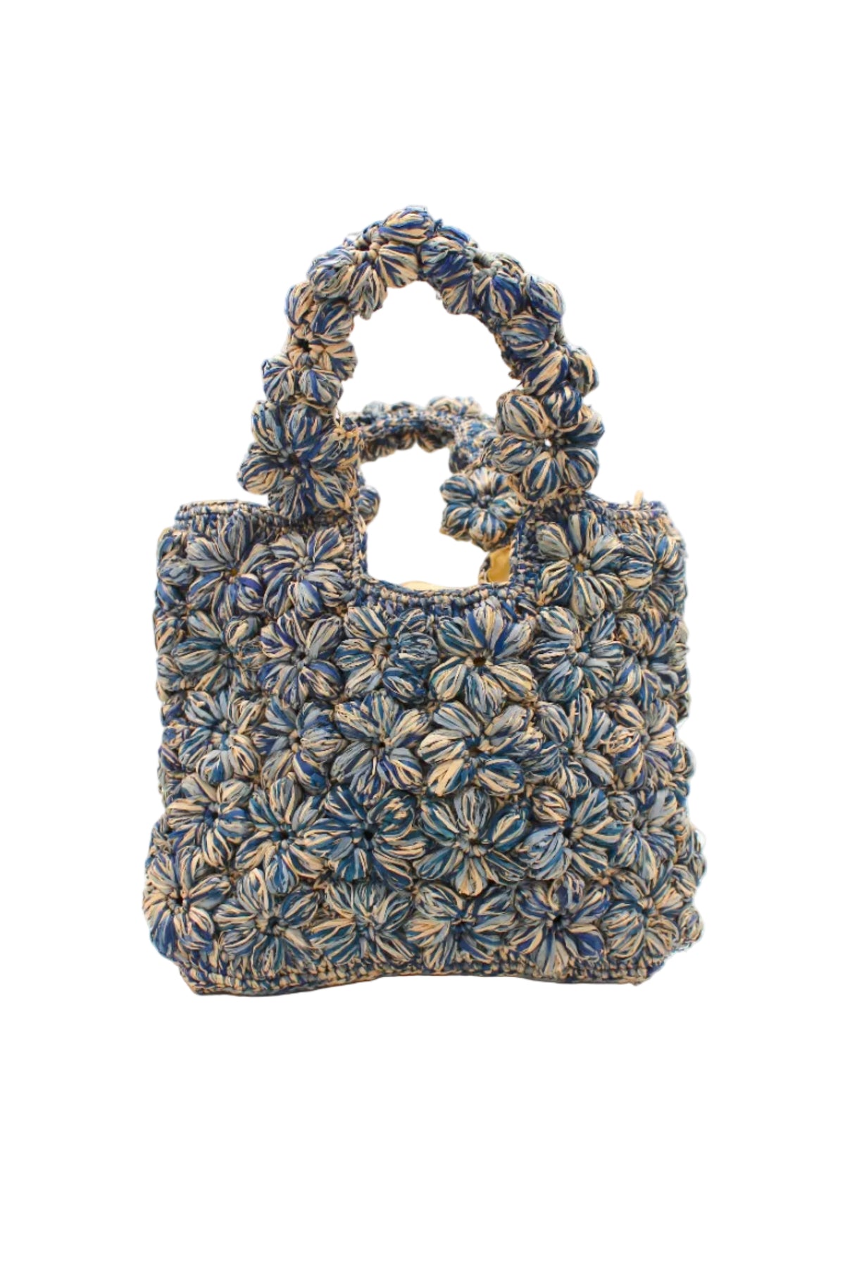 Florence Denim Blues Multicolor Flower Crochet Straw Basket Handbag handmade natural raffia palm fiber in a multicolor hue combination of natural straw color, denim light/retro/blue, and luminous navy/dark/blue with subtle tied flower design consisting of 88 flowers crochet together along the outside of the bag as well as the handles purse tote - Shebobo