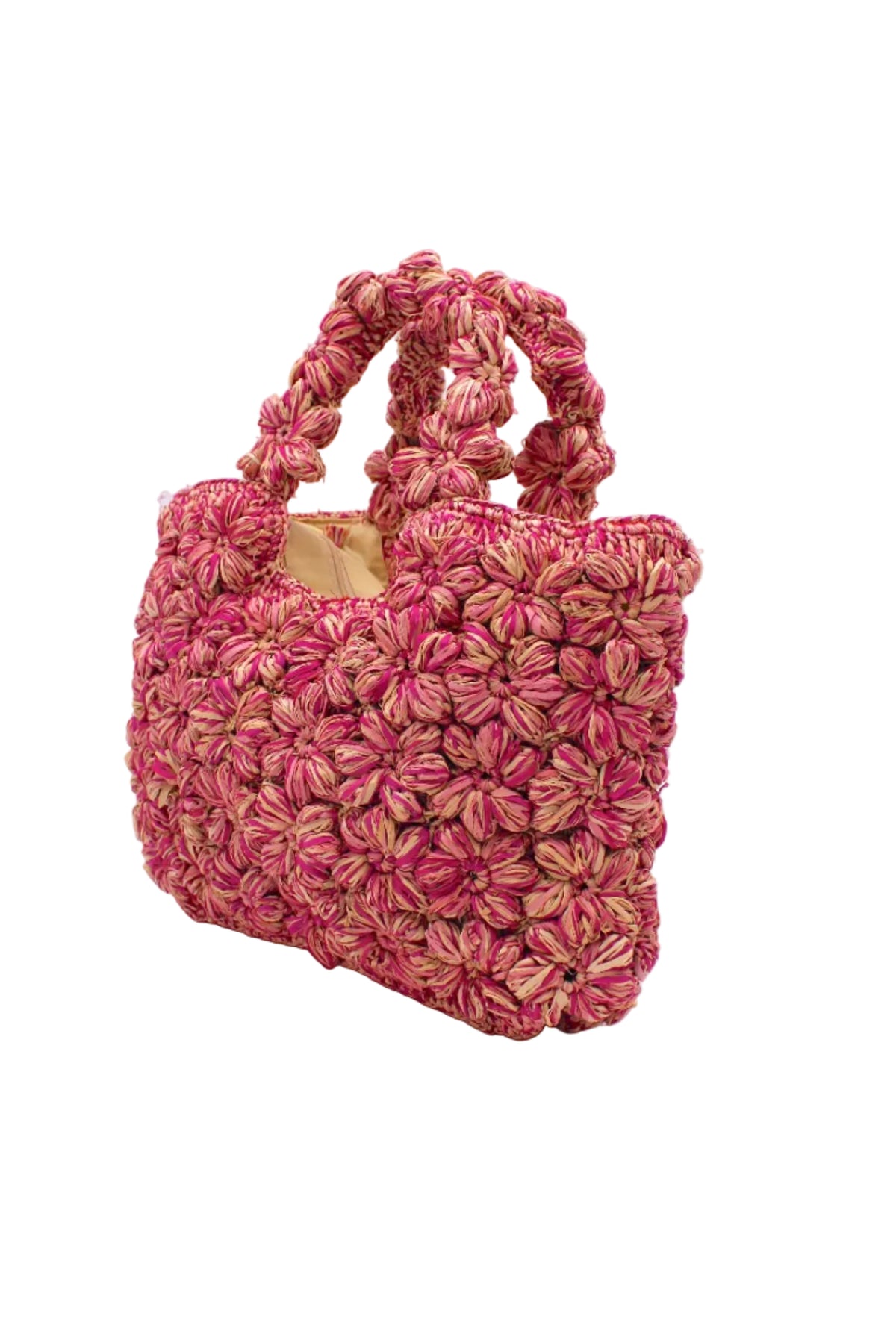 Side view Florence Fuchsia Pinks Multicolor Flower Crochet Straw Basket Handbag handmade natural raffia palm fiber in a multicolor hue combination of natural straw color, fuchsia hot/bright/pink, and light pink with subtle tied flower design consisting of 88 flowers crochet together along the outside of the bag as well as the handles purse tote - Shebobo