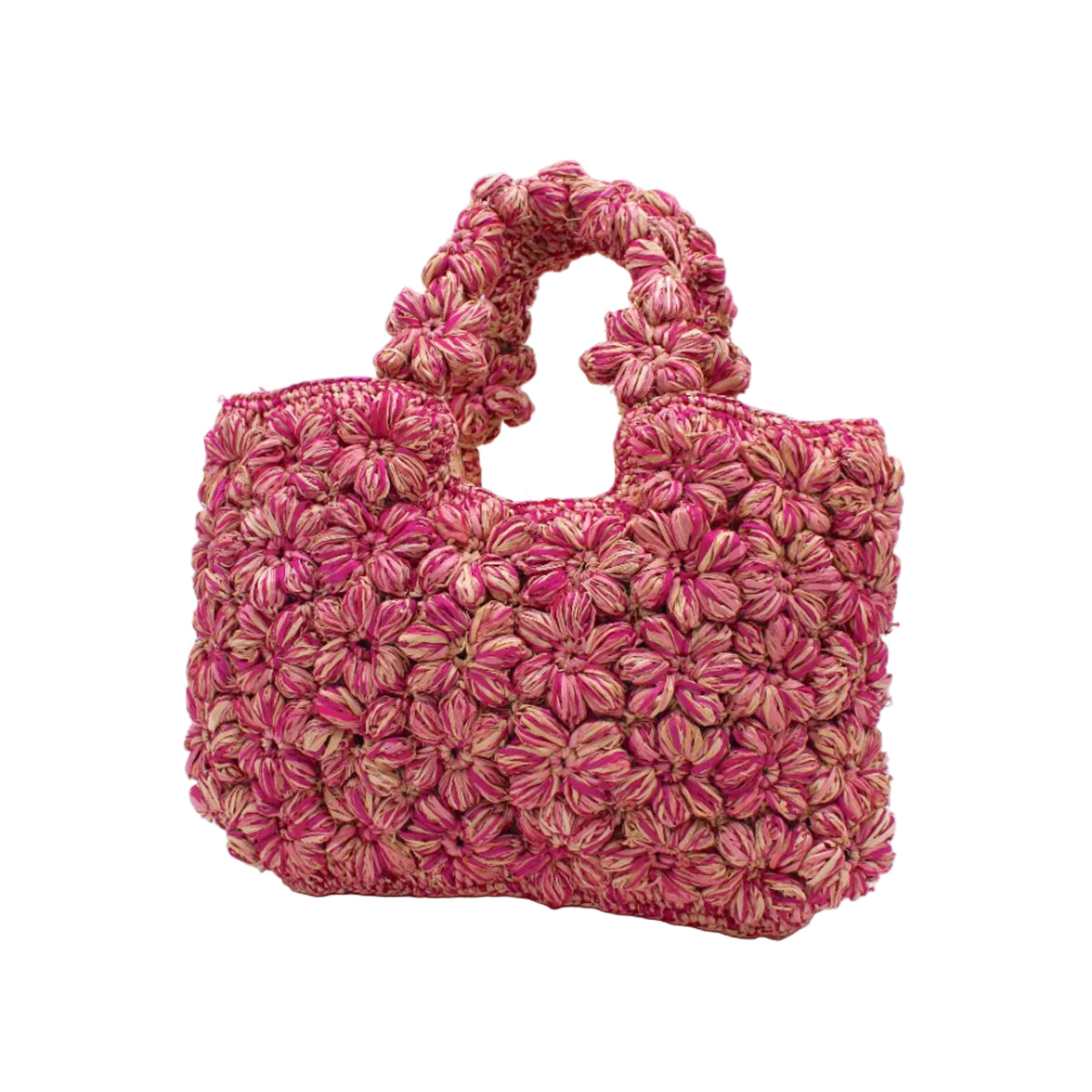 Florence Fuchsia Pinks Multicolor Flower Crochet Straw Basket Handbag handmade natural raffia palm fiber in a multicolor hue combination of natural straw color, fuchsia hot/bright/pink, and light pink with subtle tied flower design consisting of 88 flowers crochet together along the outside of the bag as well as the handles purse tote - Shebobo