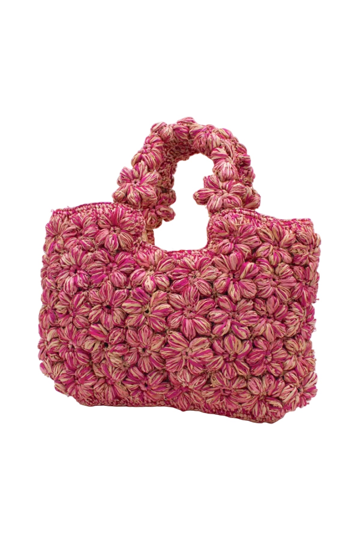 Florence Fuchsia Pinks Multicolor Flower Crochet Straw Basket Handbag handmade natural raffia palm fiber in a multicolor hue combination of natural straw color, fuchsia hot/bright/pink, and light pink with subtle tied flower design consisting of 88 flowers crochet together along the outside of the bag as well as the handles purse tote - Shebobo