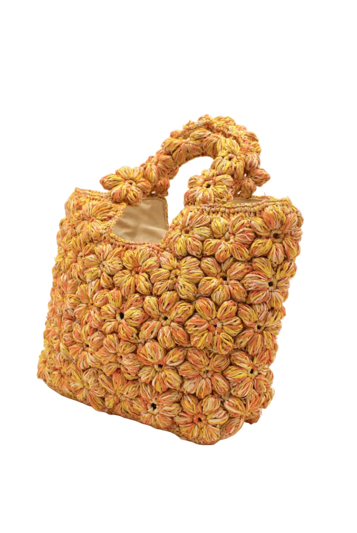 Side view Florence Lemon Yellows Multicolor Flower Crochet Straw Basket Handbag handmade natural raffia palm fiber in a multicolor hue combination of natural straw color, lemon yellow, and orange with subtle tied flower design consisting of 88 flowers crochet together along the outside of the bag as well as the handles purse tote - Shebobo