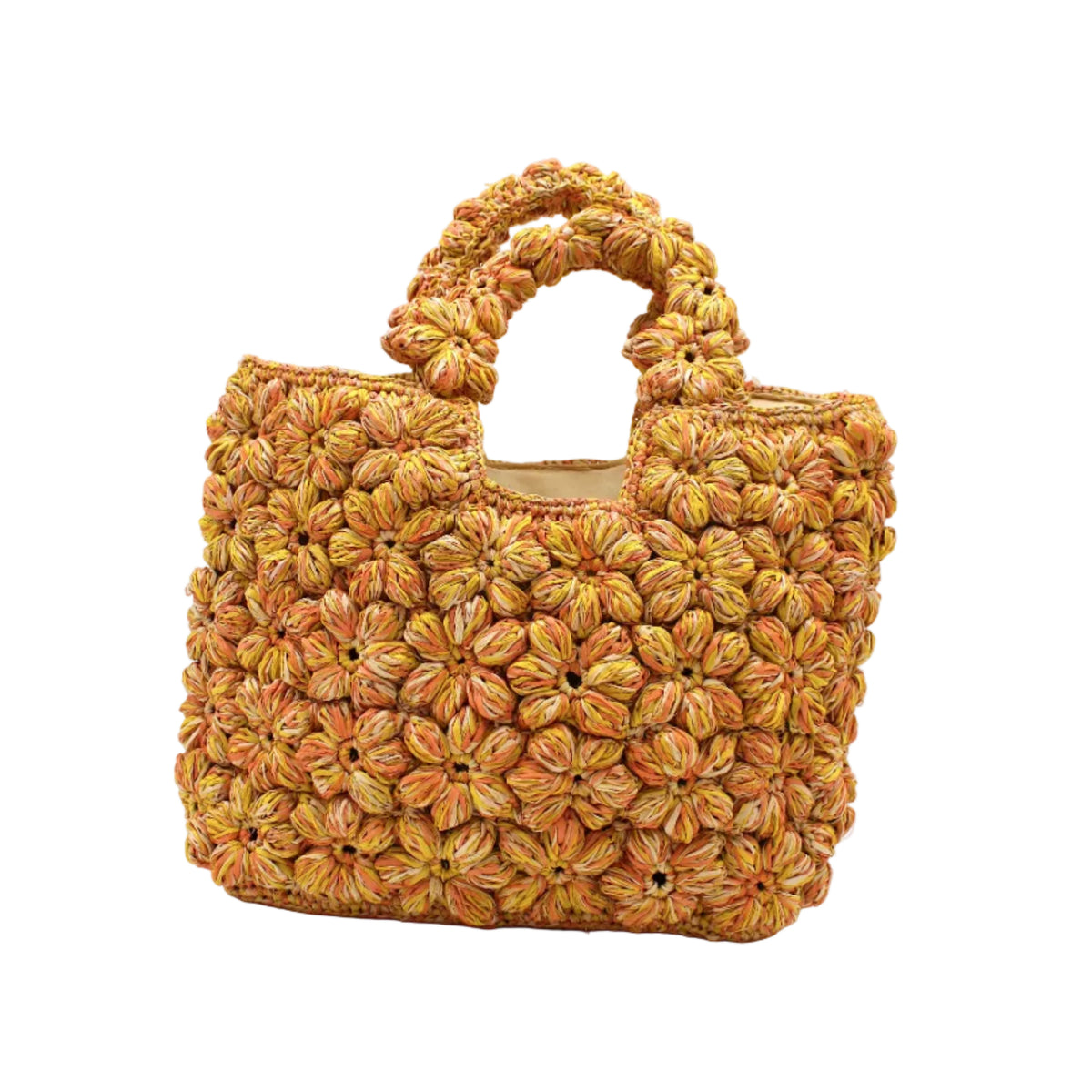 Florence Lemon Yellows Multicolor Flower Crochet Straw Basket Handbag handmade natural raffia palm fiber in a multicolor hue combination of natural straw color, lemon yellow, and orange with subtle tied flower design consisting of 88 flowers crochet together along the outside of the bag as well as the handles purse tote - Shebobo