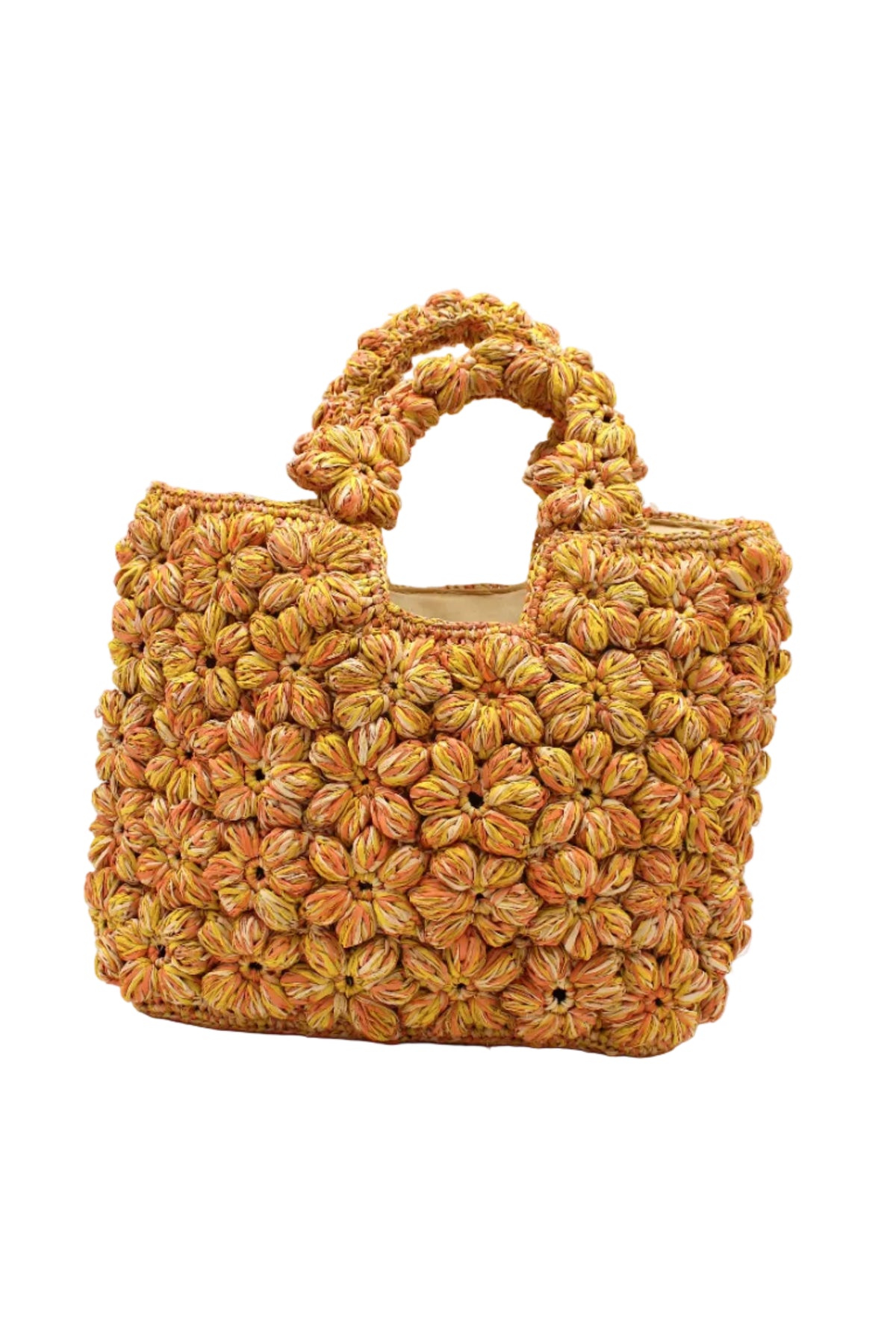 Florence Lemon Yellows Multicolor Flower Crochet Straw Basket Handbag handmade natural raffia palm fiber in a multicolor hue combination of natural straw color, lemon yellow, and orange with subtle tied flower design consisting of 88 flowers crochet together along the outside of the bag as well as the handles purse tote - Shebobo